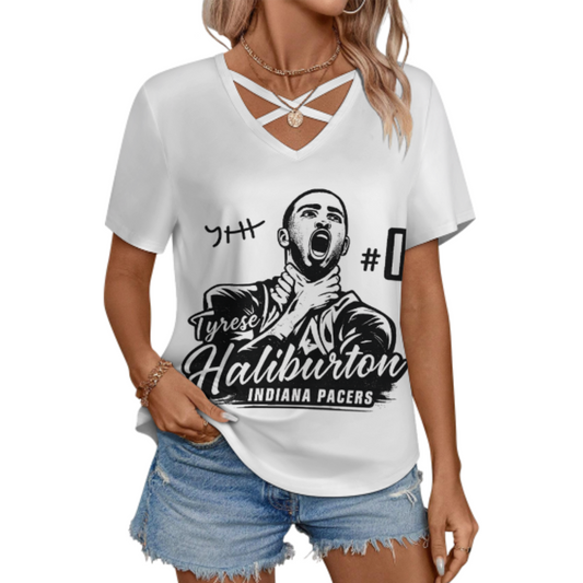 Tyrese Haliburton Indiana Pacers Graphic V-Neck Tee – Basketball Fan Streetwear Shirt for Women(z222)