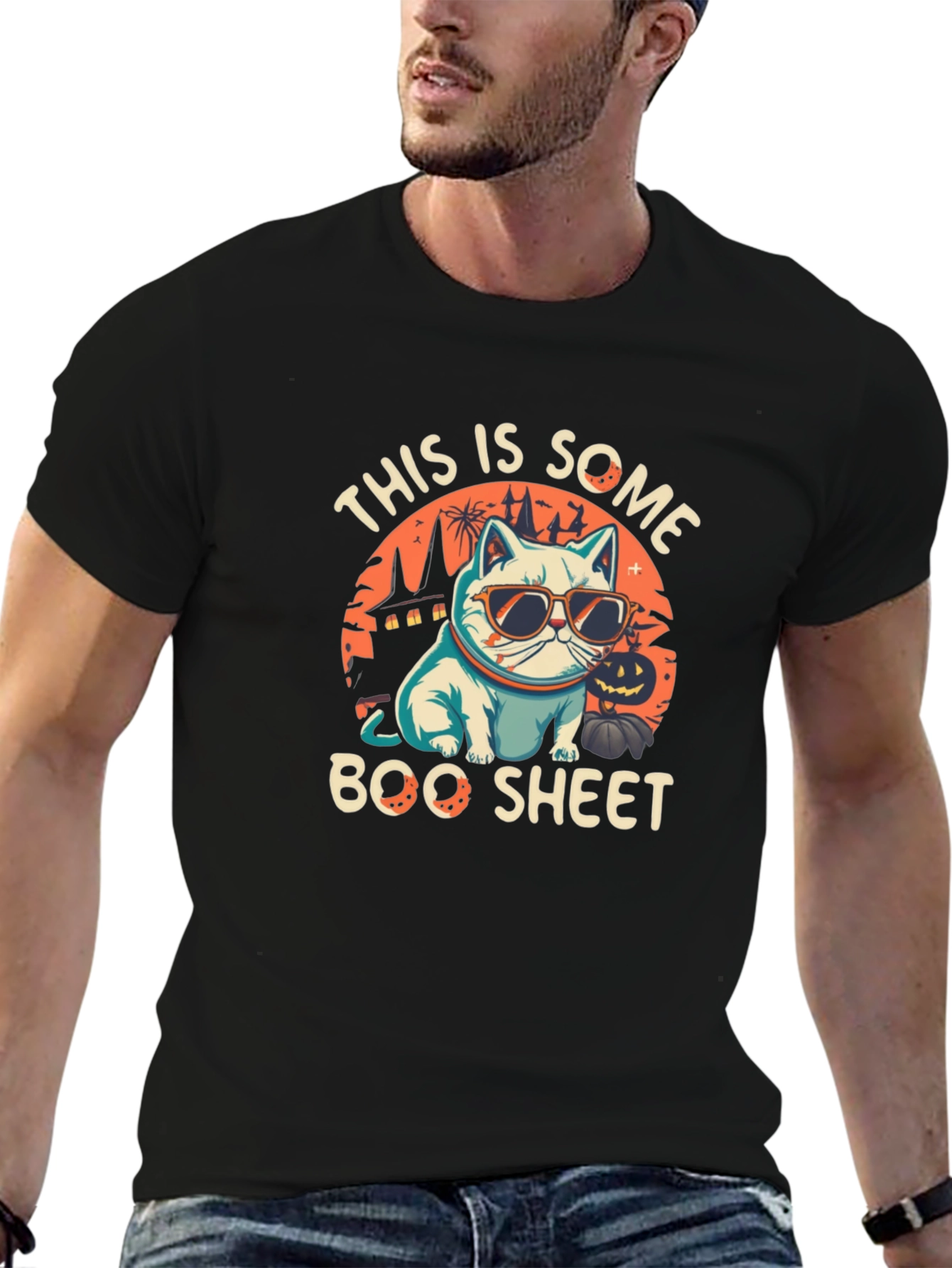 Boo Sheet Halloween T-Shirt - Cat with Sunglasses