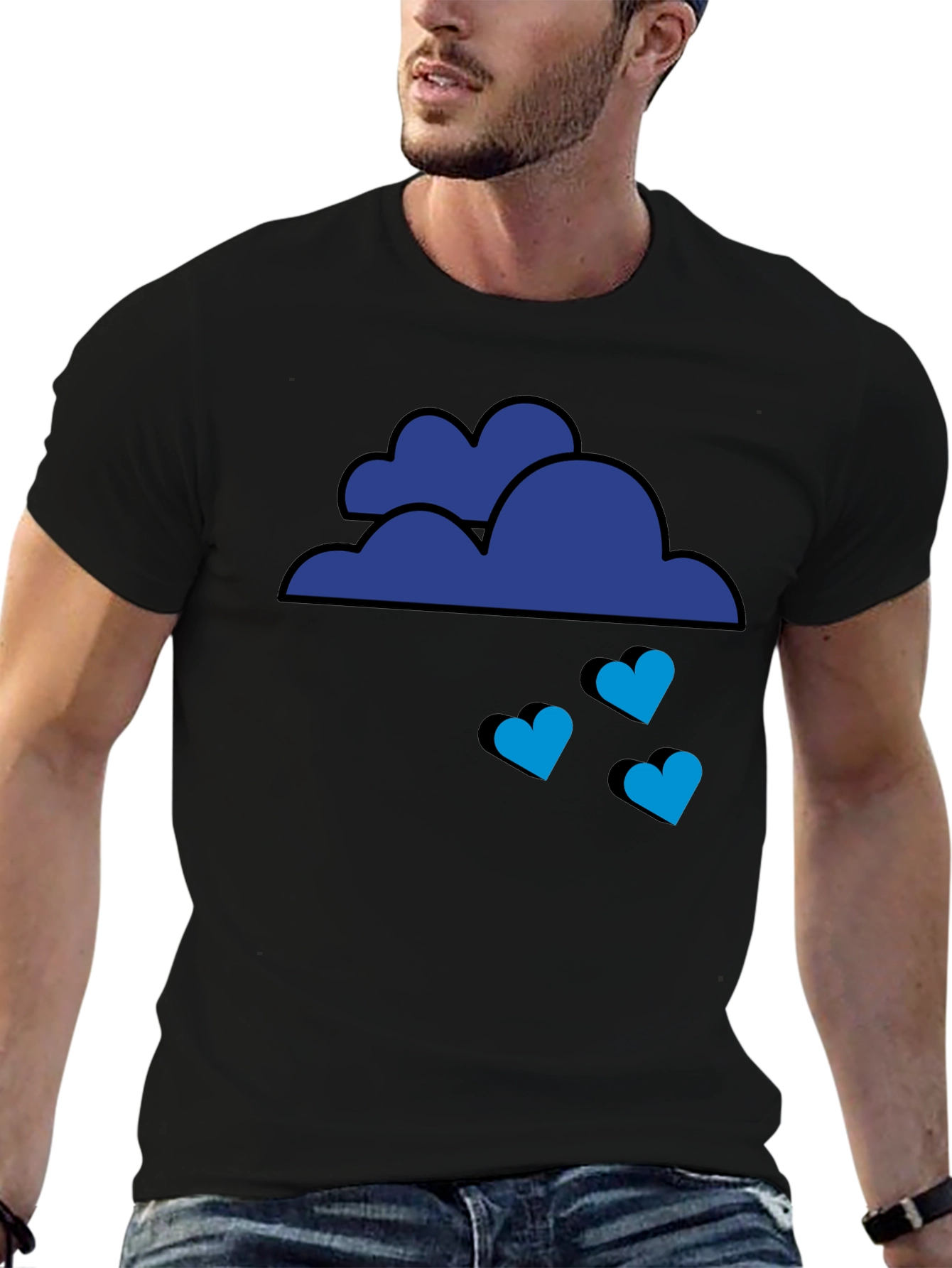 Blue Cloud Heart Rain Graphic Tee - Black
