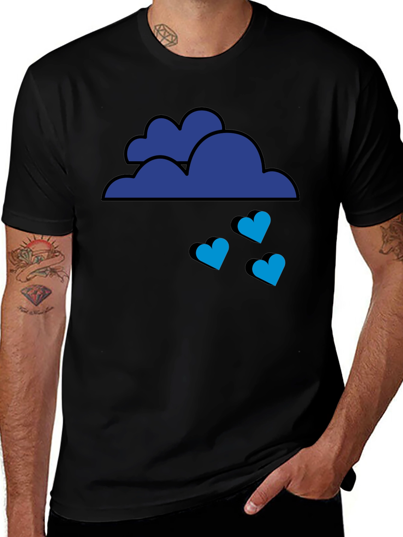 Blue Cloud Heart Rain Graphic Tee - Black