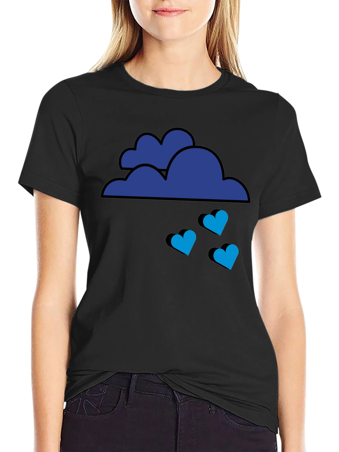 Blue Cloud Heart Rain Graphic Tee - Black