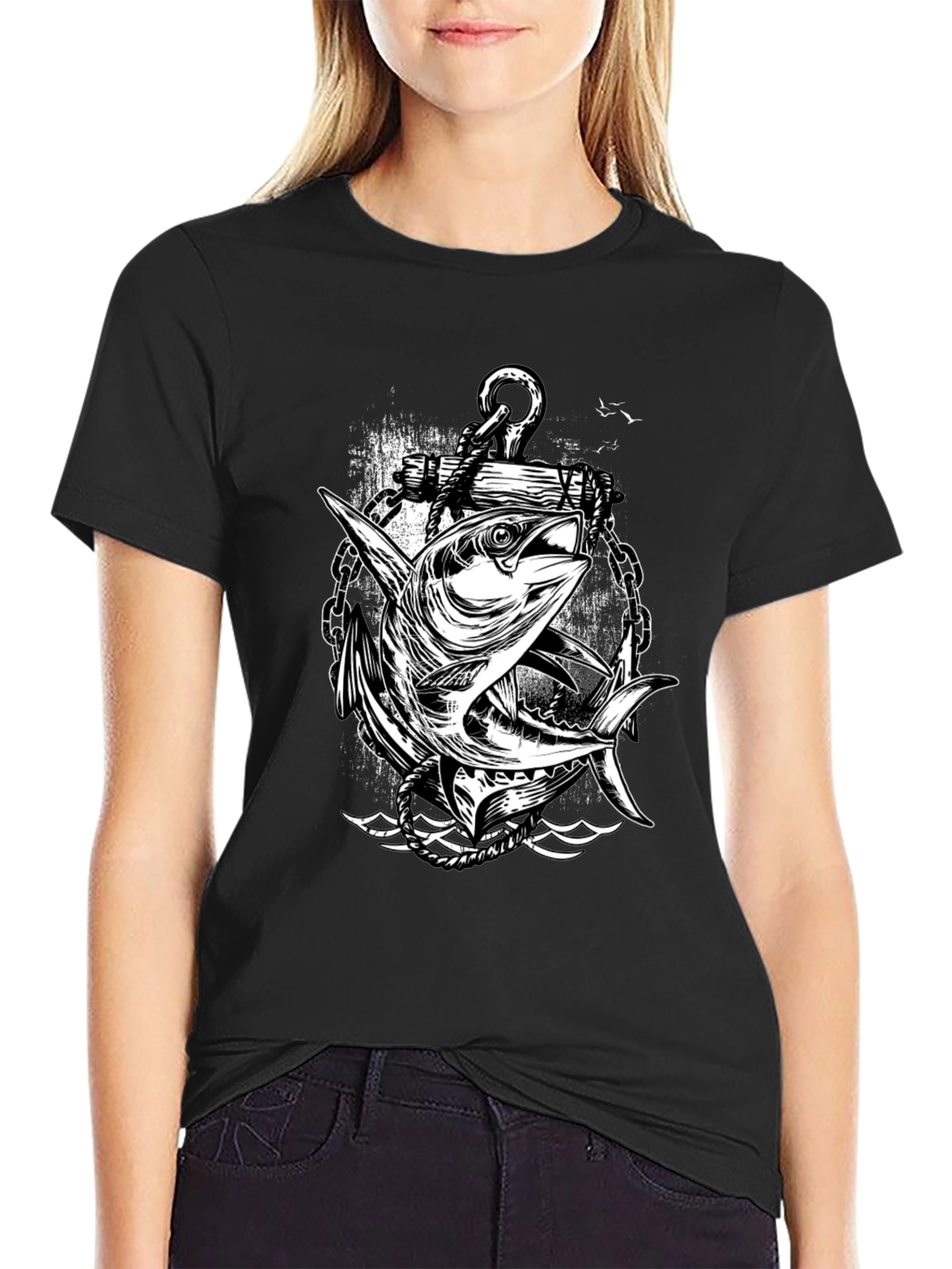 Anchor & Fish Graphic Tee - Black