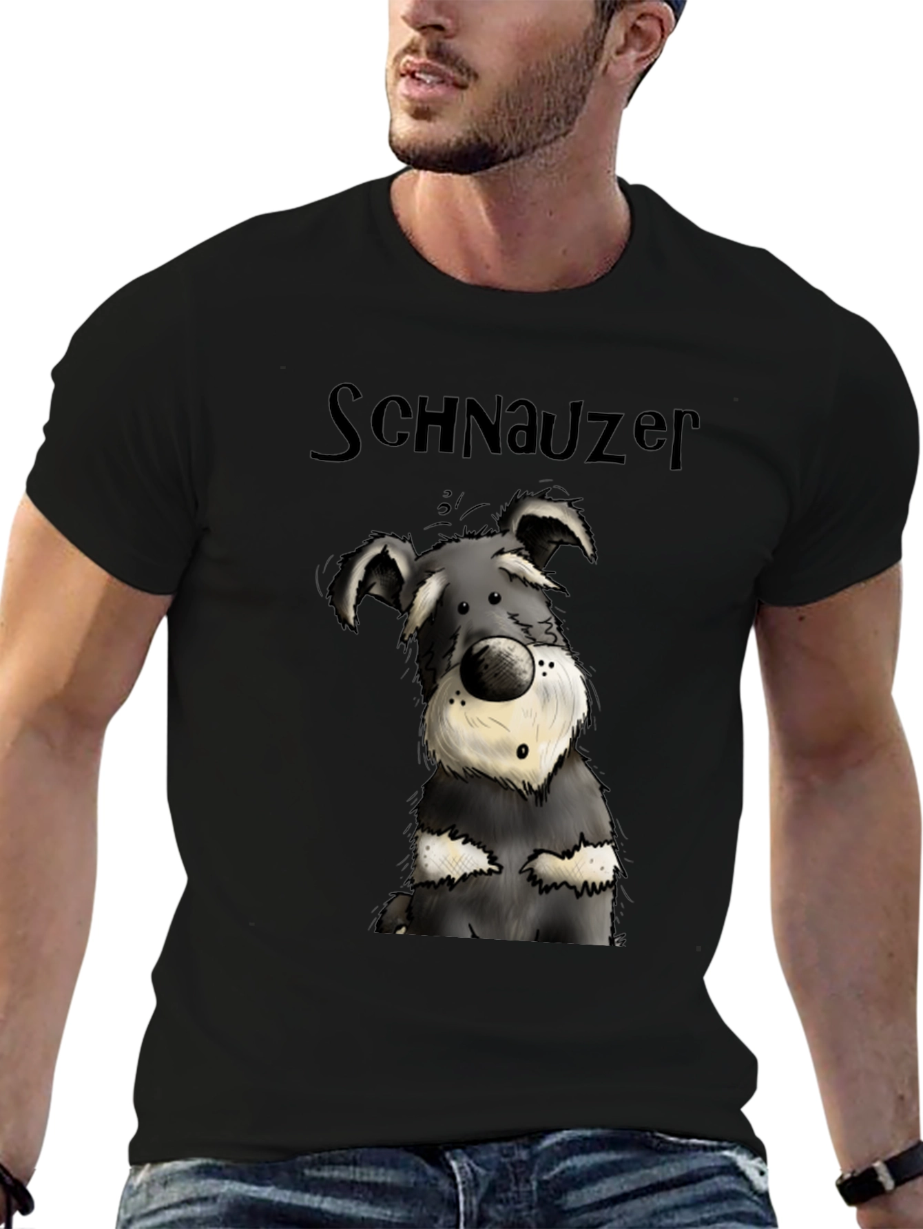 Schnauzer Cartoon Dog Graphic Tee - Black Cotton T-Shirt