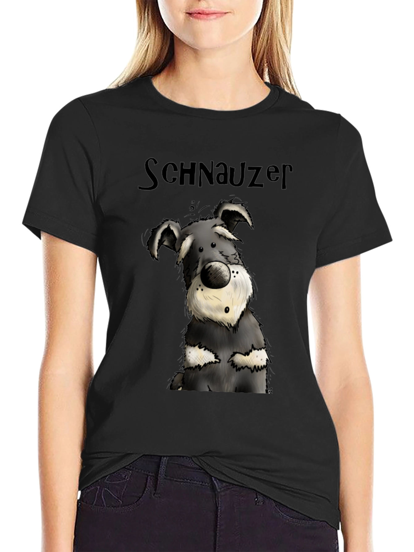 Schnauzer Cartoon Dog Graphic Tee - Black Cotton T-Shirt
