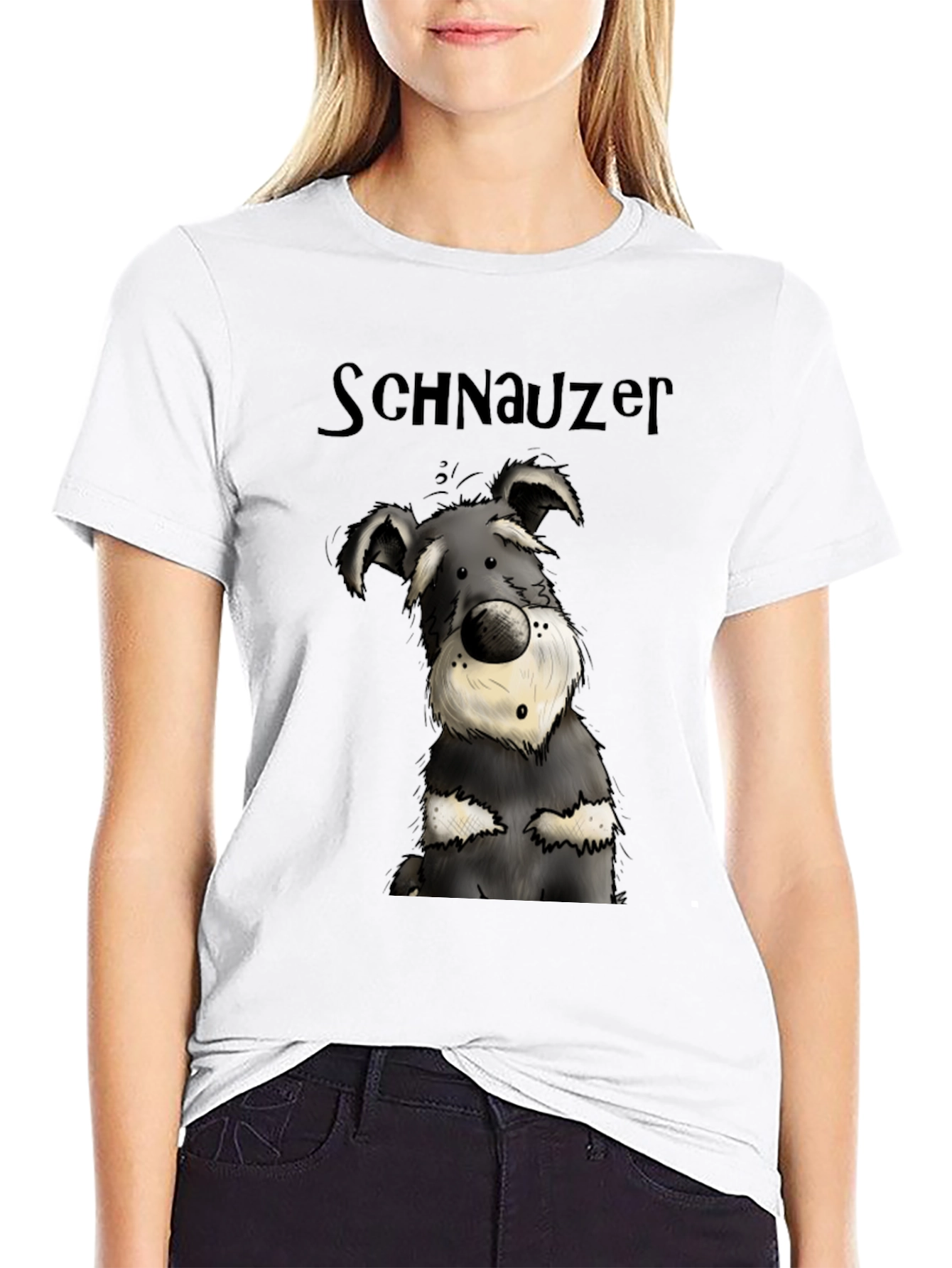 Schnauzer Cartoon Dog Graphic Tee - Black Cotton T-Shirt