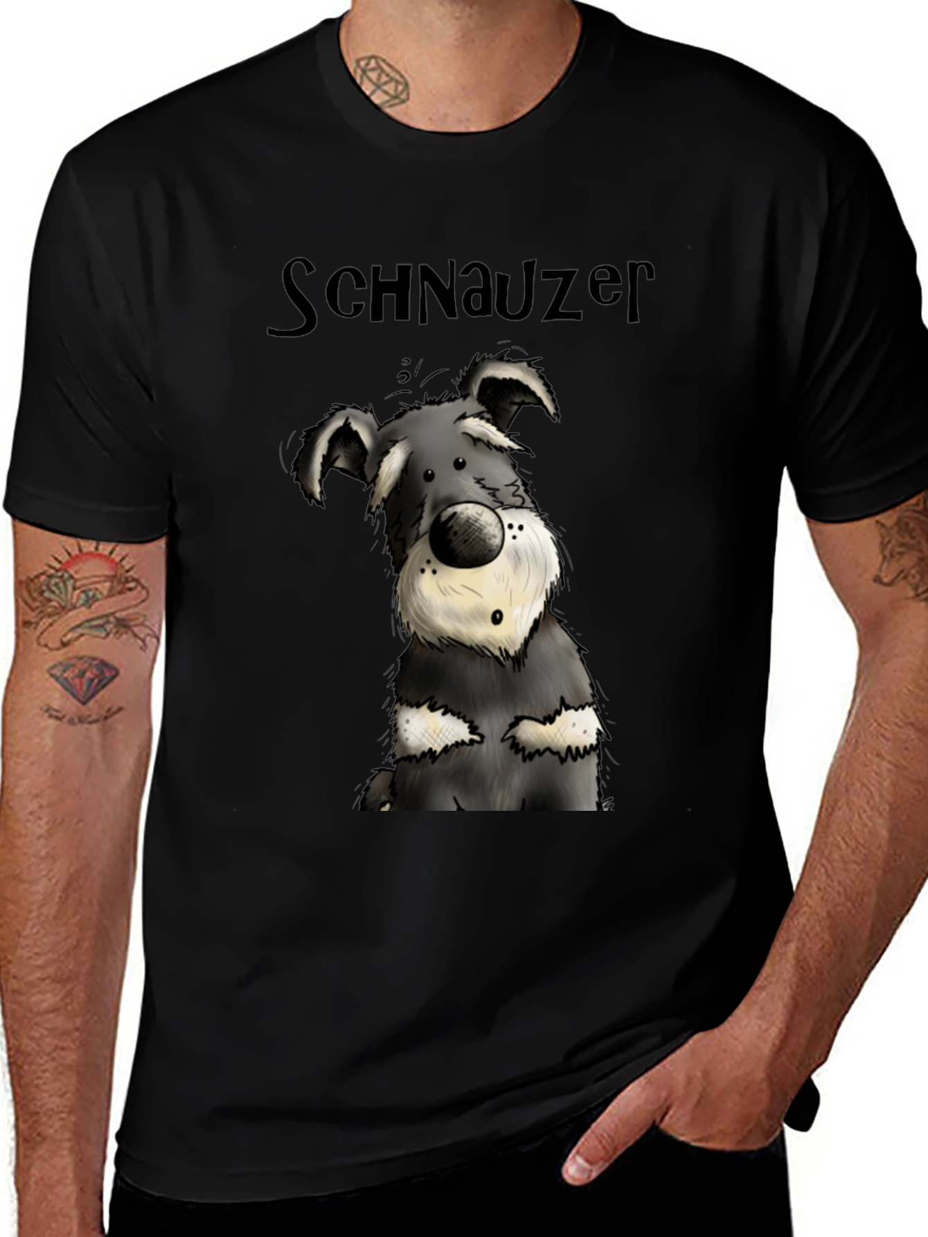 Schnauzer Cartoon Dog Graphic Tee - Black Cotton T-Shirt