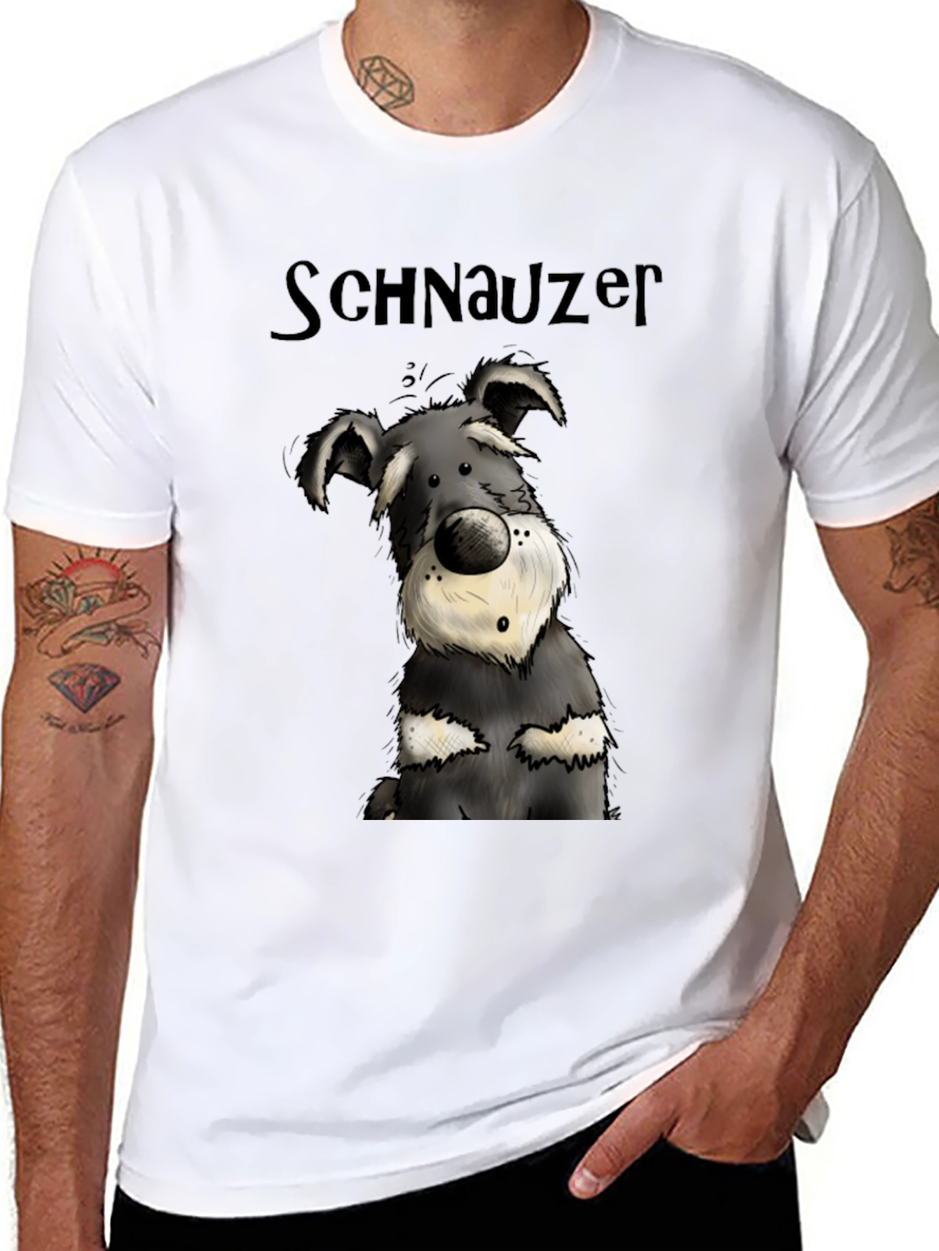 Schnauzer Cartoon Dog Graphic Tee - Black Cotton T-Shirt