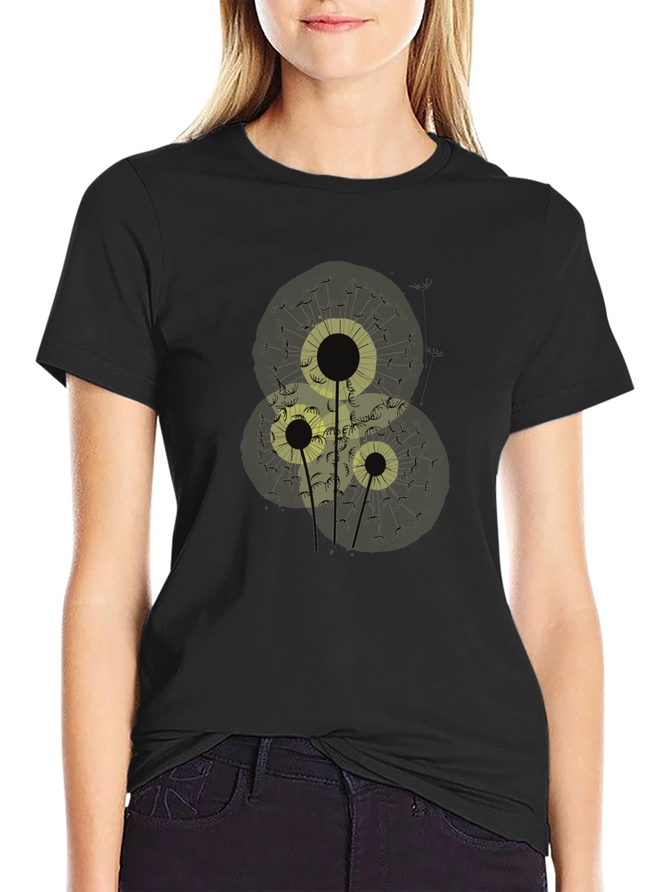 Dandelion Print Black Cotton T-Shirt