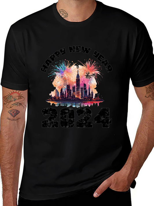 Happy New Year 2024 T-Shirt - City Skyline Fireworks