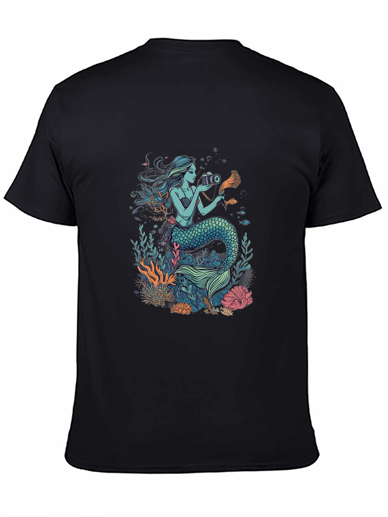 Mermaid Photographer Graphic T-Shirt - Black Cotton