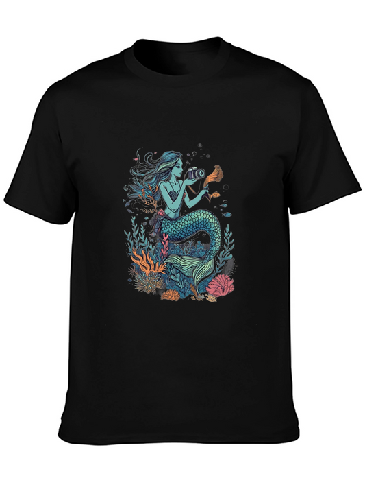 Mermaid Photographer Graphic T-Shirt - Black Cotton