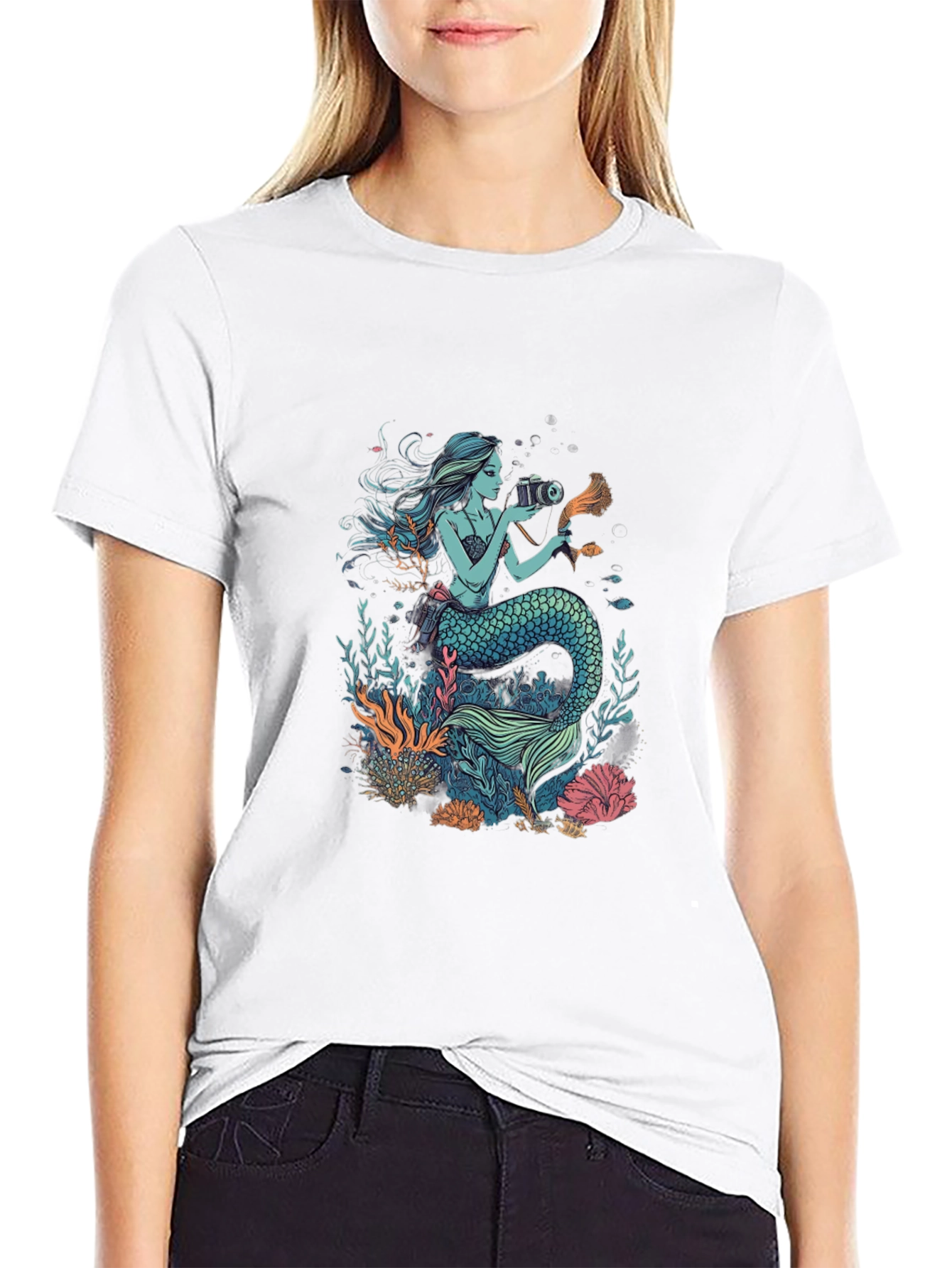 Mermaid Photographer Graphic T-Shirt - Black Cotton