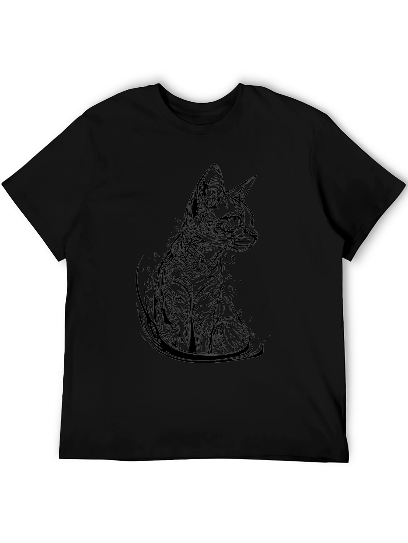 Elegant Cat Print Black T-Shirt - Modern Style