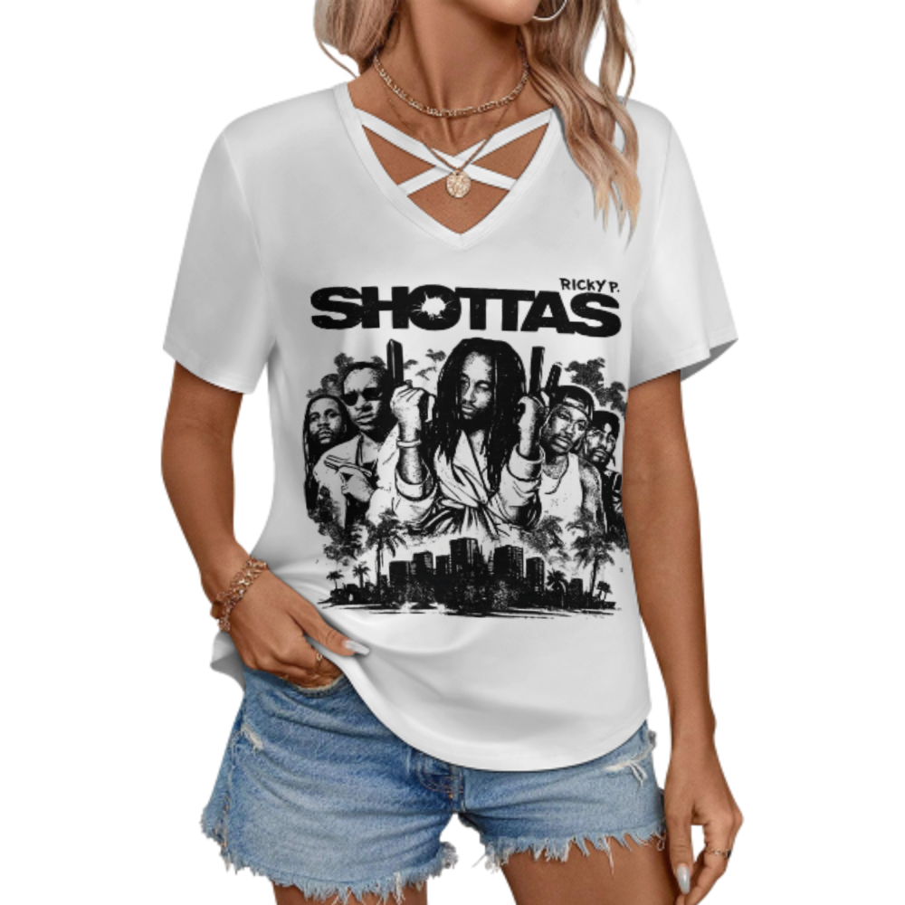 Ricky P. SHOTTAS Graphic V-Neck T-Shirt – Urban Streetwear Oversized Music Inspired Tee for Women(z221)