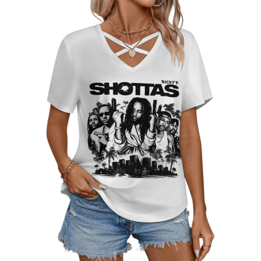 Ricky P. SHOTTAS Graphic V-Neck T-Shirt – Urban Streetwear Oversized Music Inspired Tee for Women(z221)