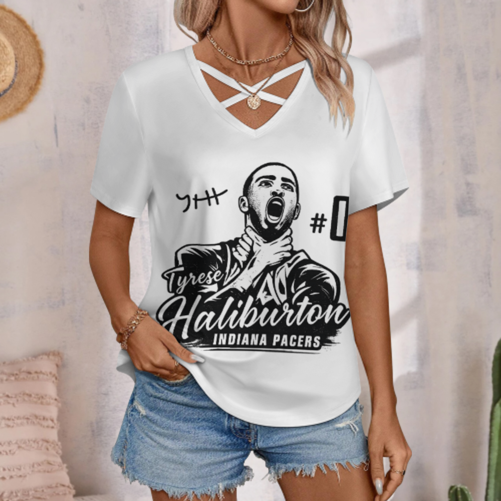Tyrese Haliburton Indiana Pacers Graphic V-Neck Tee – Basketball Fan Streetwear Shirt for Women(z222)