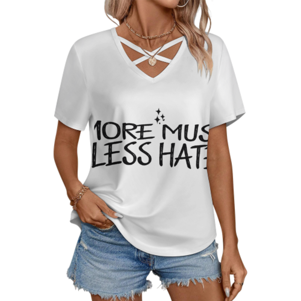 More Music Less Hate Graphic V-Neck T-Shirt – Positive Message Casual Streetwear Tee for Women(z224)