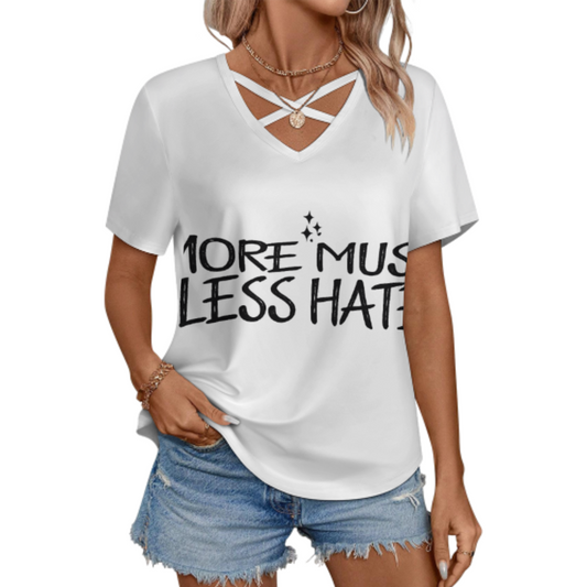 More Music Less Hate Graphic V-Neck T-Shirt – Positive Message Casual Streetwear Tee for Women(z224)