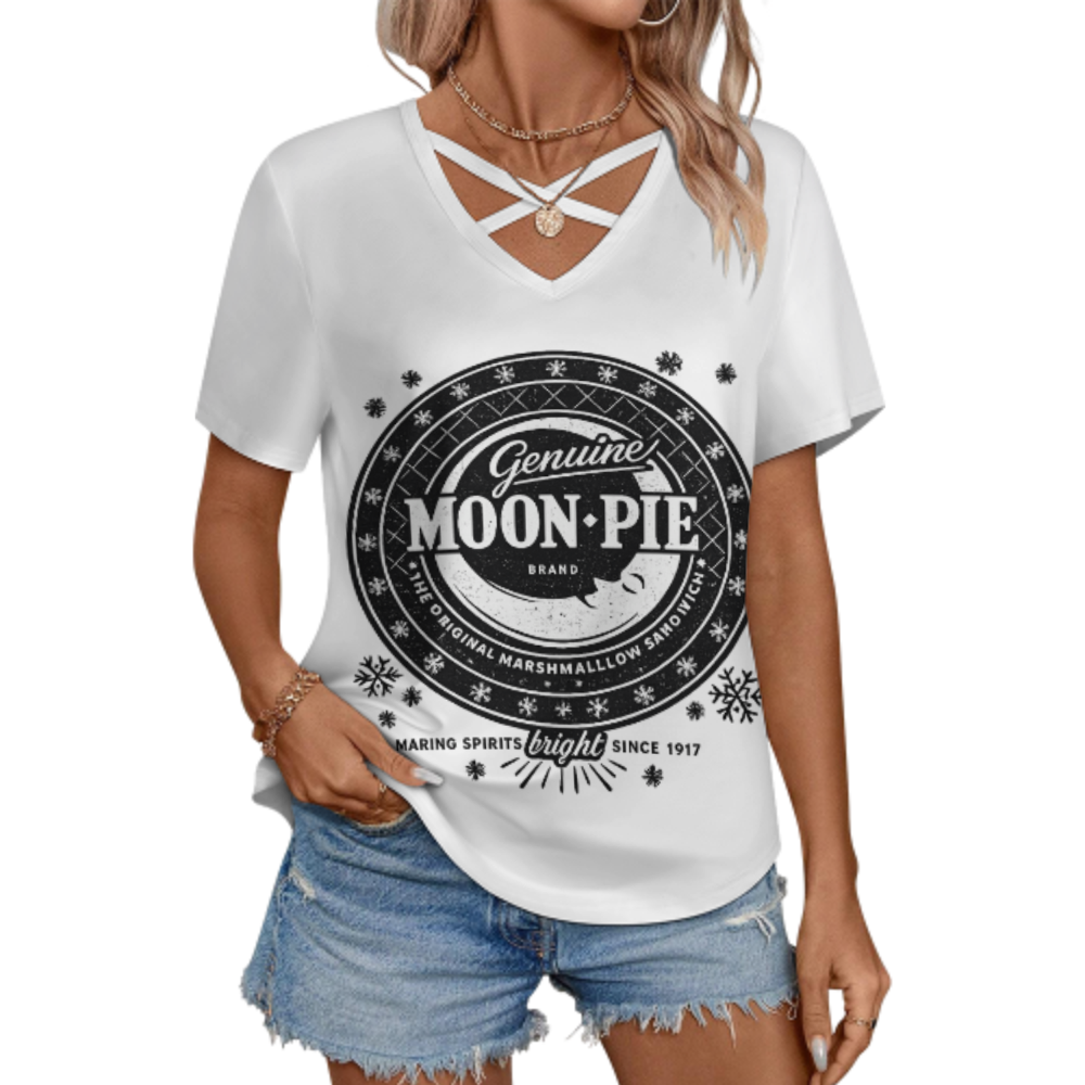 Vintage Genuine Moon Pie Graphic V-Neck T-Shirt – Retro Marshmallow Snack Inspired Casual Summer Tee for Women(z226)