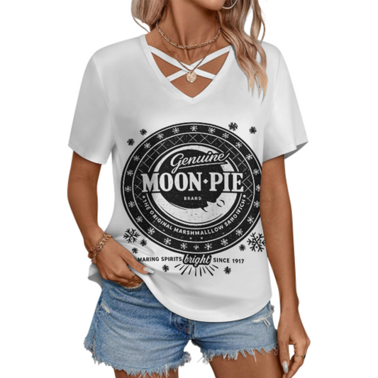 Vintage Genuine Moon Pie Graphic V-Neck T-Shirt – Retro Marshmallow Snack Inspired Casual Summer Tee for Women(z226)