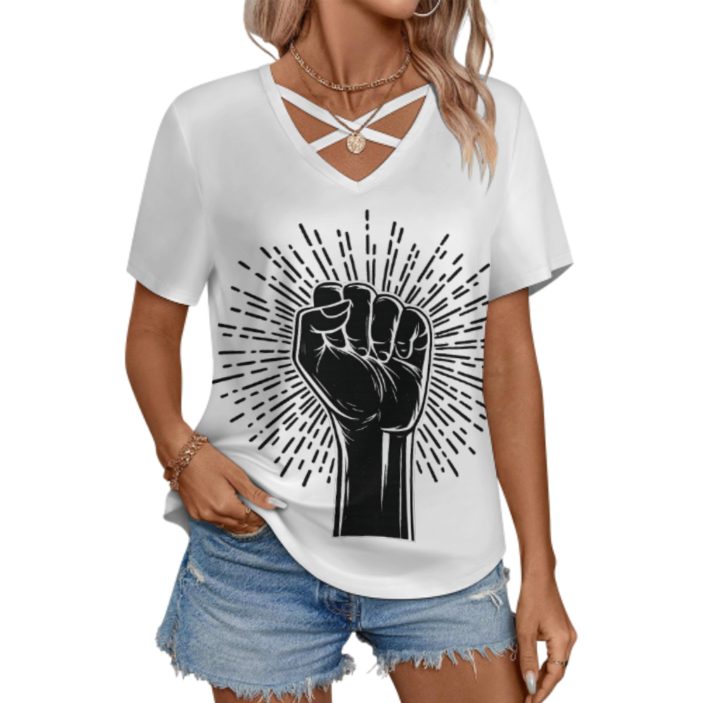 Raised Fist Graphic V-Neck T-Shirt – Empowerment Streetwear Statement Tee for Women(z225)
