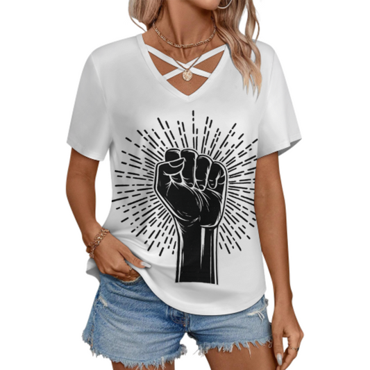 Raised Fist Graphic V-Neck T-Shirt – Empowerment Streetwear Statement Tee for Women(z225)