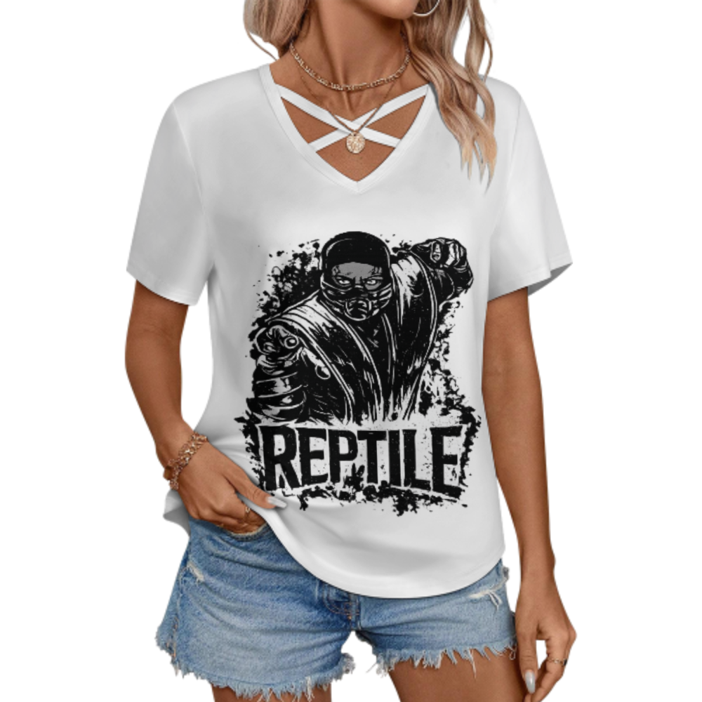 Reptile Fighter Graphic V-Neck T-Shirt – Retro Arcade Inspired Combat Streetwear Tee for Women(z229)