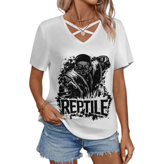 Reptile Fighter Graphic V-Neck T-Shirt – Retro Arcade Inspired Combat Streetwear Tee for Women(z229)