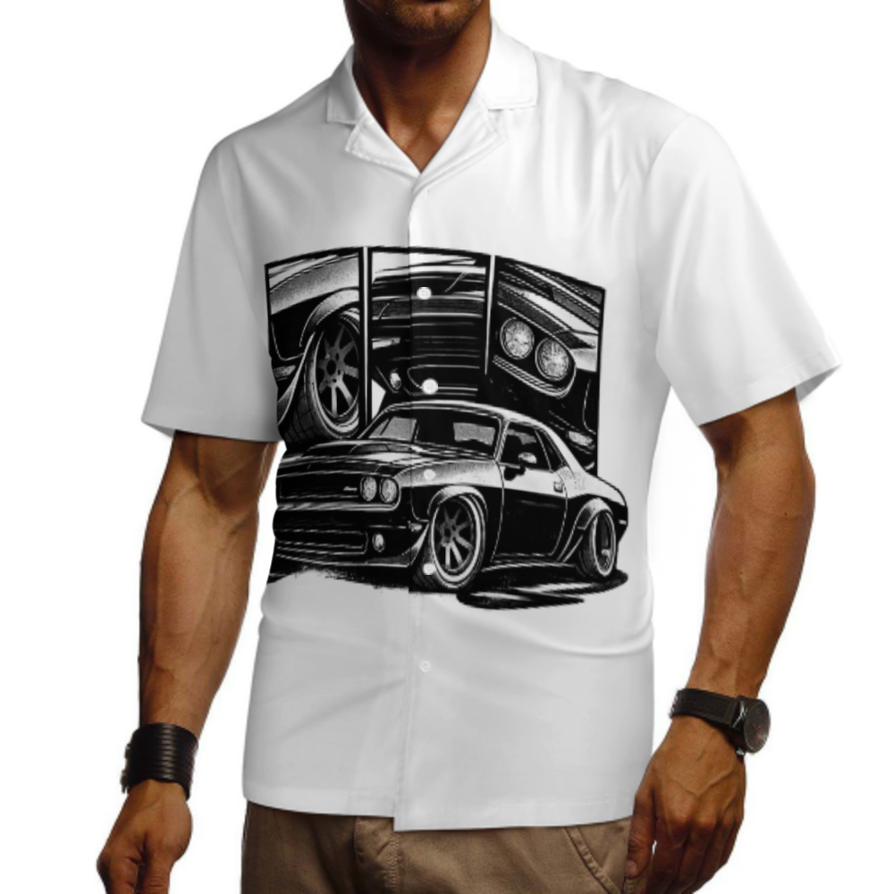 Vintage Muscle Car Graphic Shirt – Retro Street Racing Style Men’s Casual Button-Up Tee(z266)