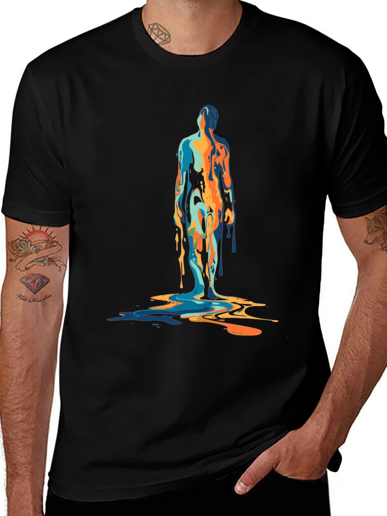 Abstract Dripping Figure Graphic Tee - Black