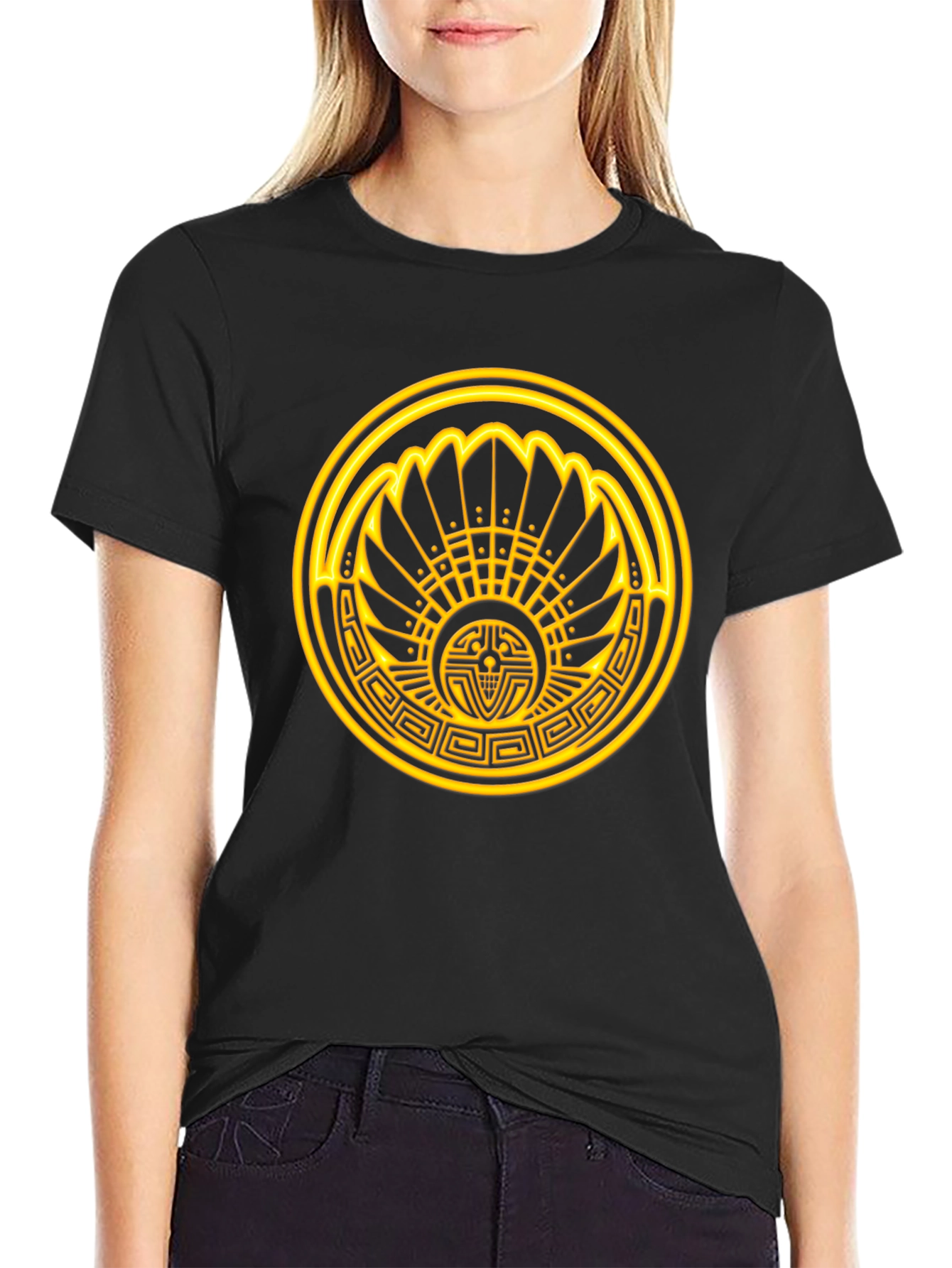 Aztec Sun T-Shirt - Golden Design on Black Cotton