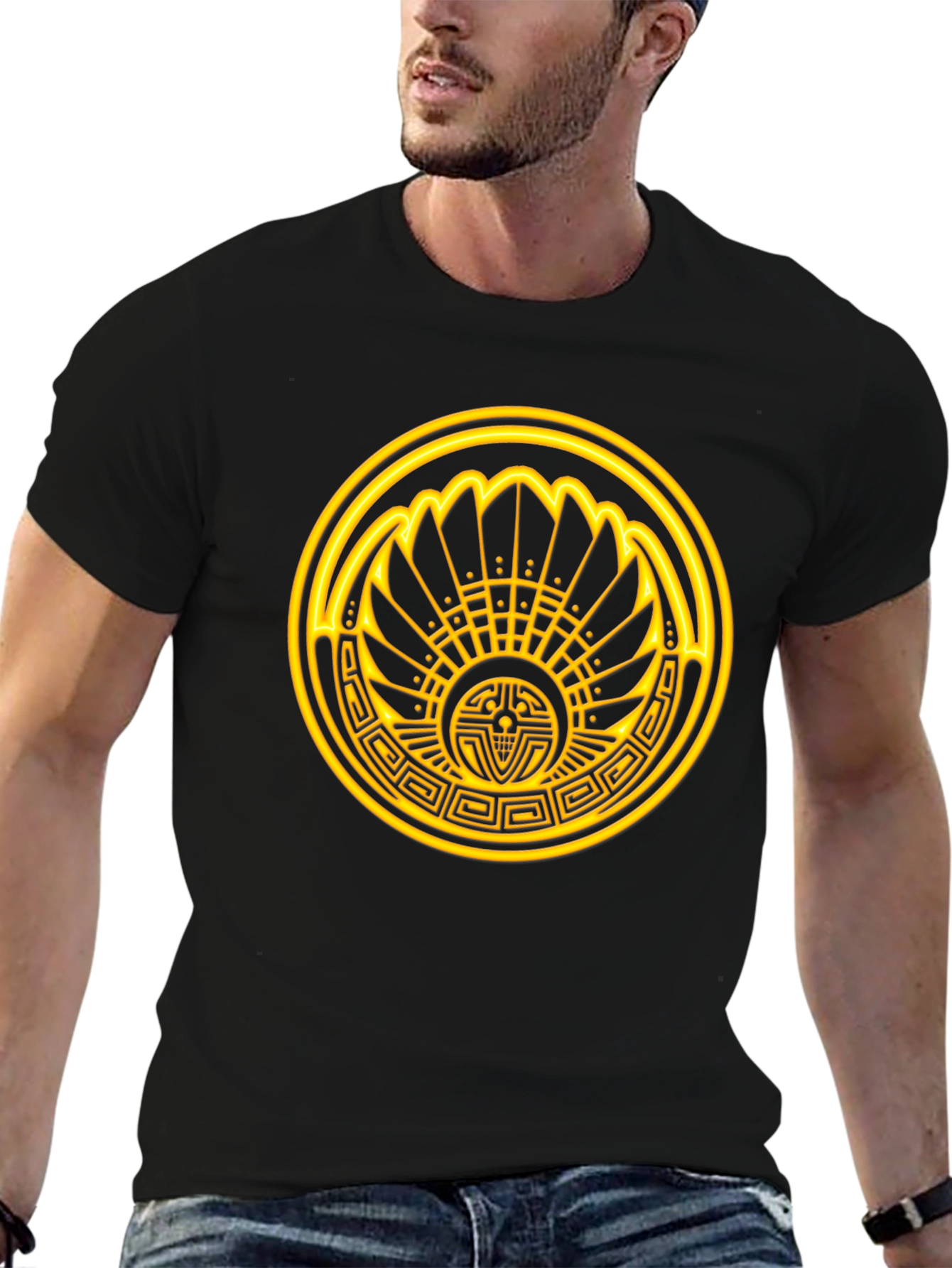 Aztec Sun T-Shirt - Golden Design on Black Cotton