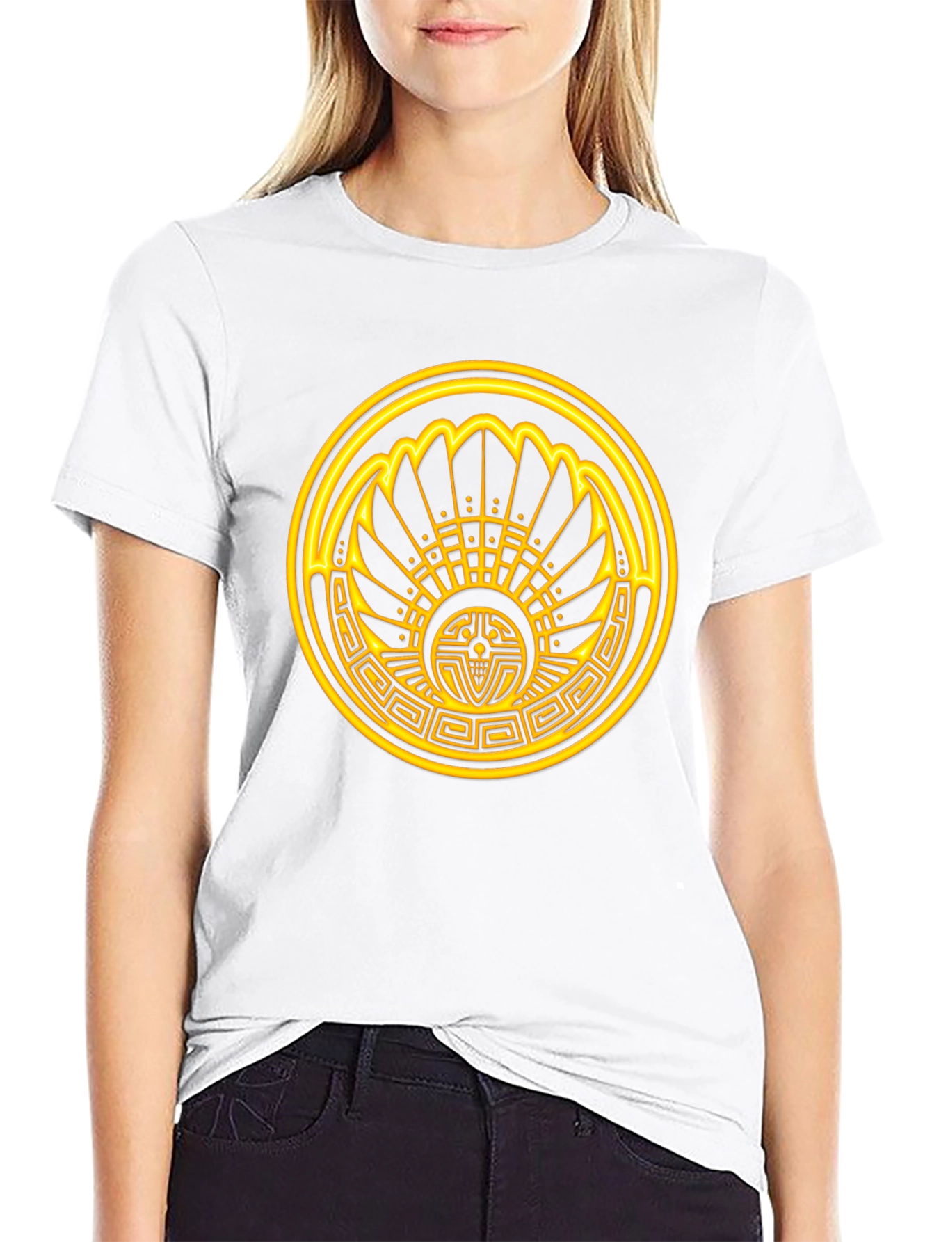 Aztec Sun T-Shirt - Golden Design on Black Cotton
