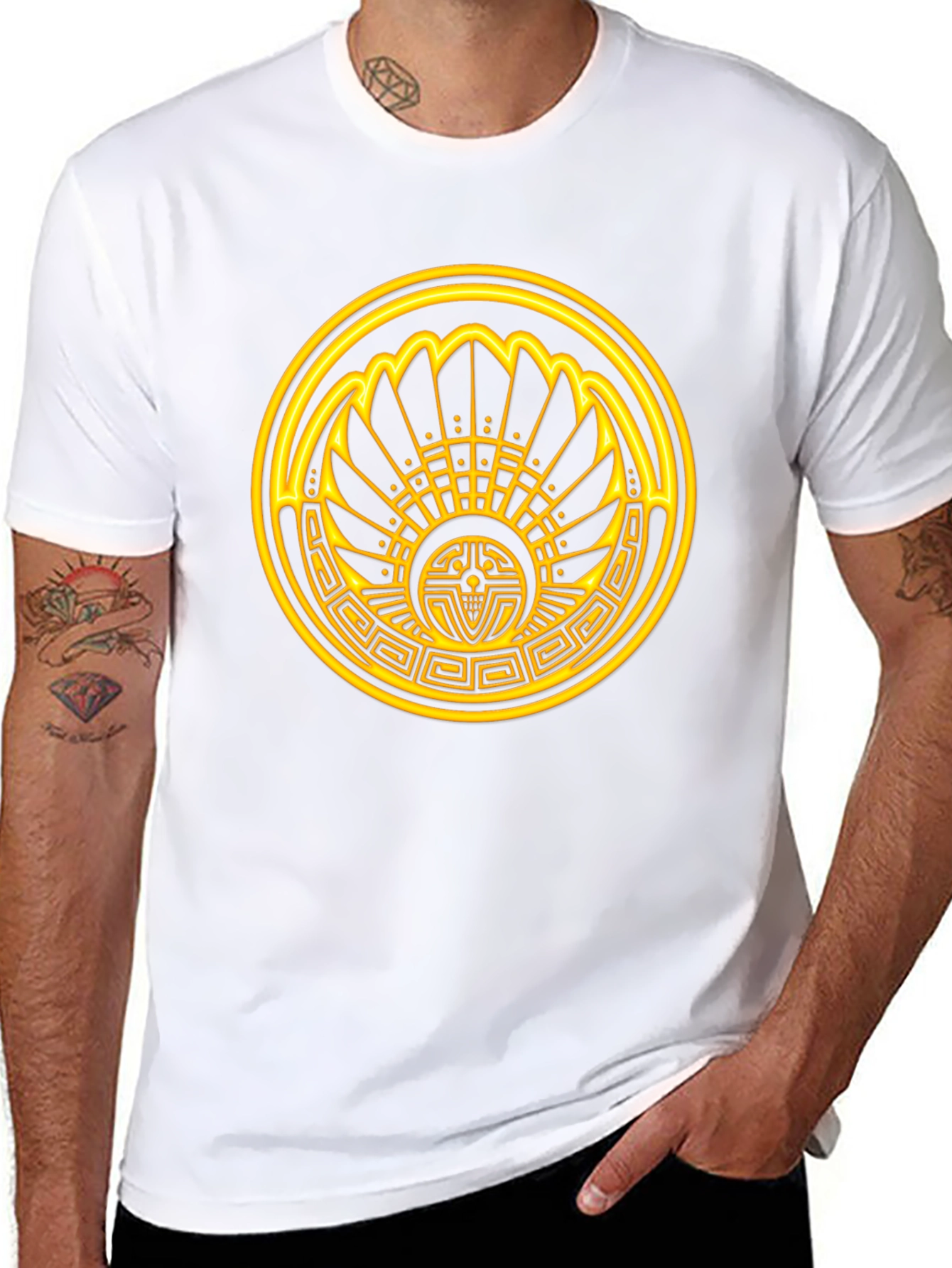 Aztec Sun T-Shirt - Golden Design on Black Cotton