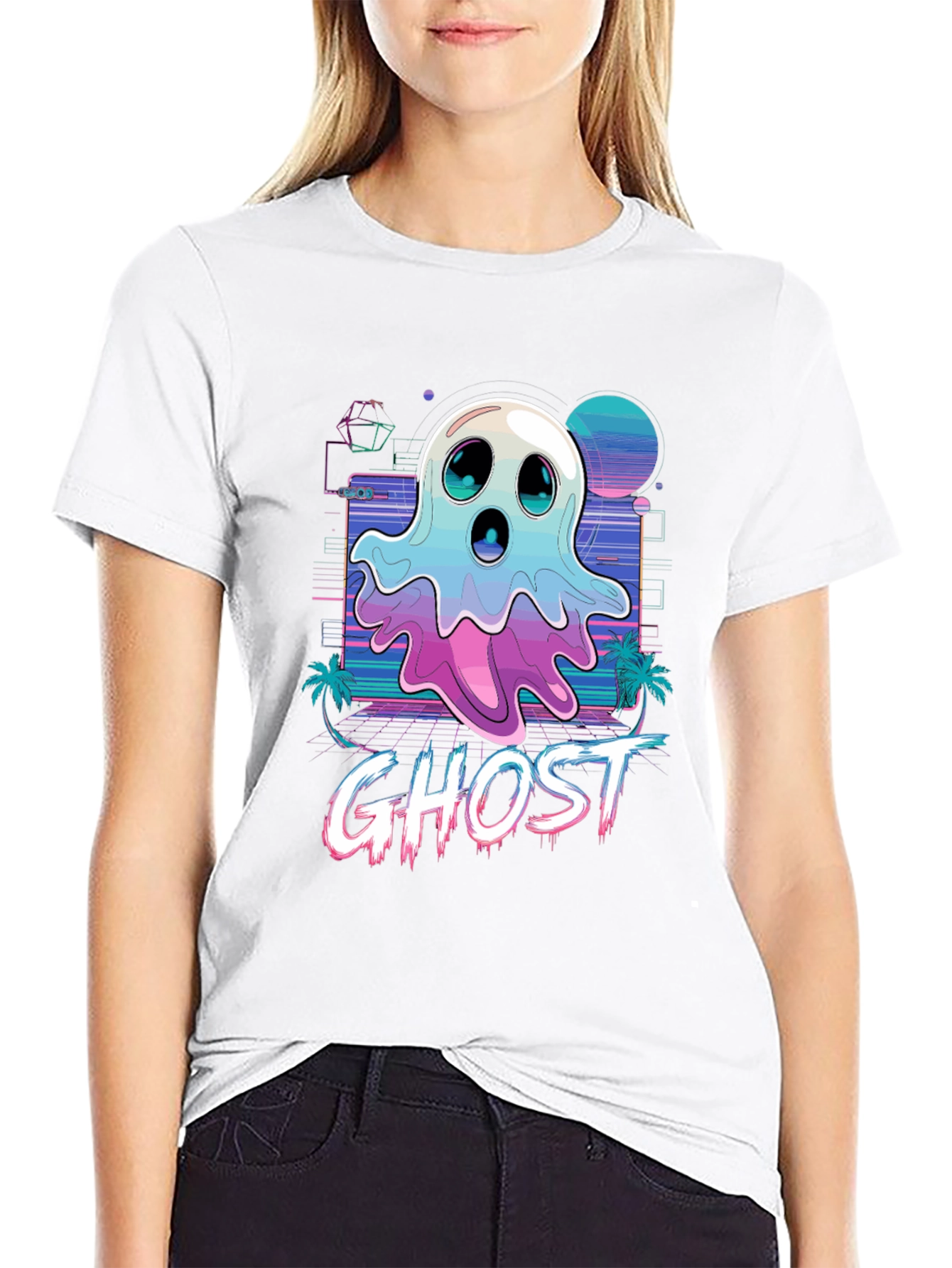 Retro Ghost Graphic Tee - Vaporwave Style T-Shirt