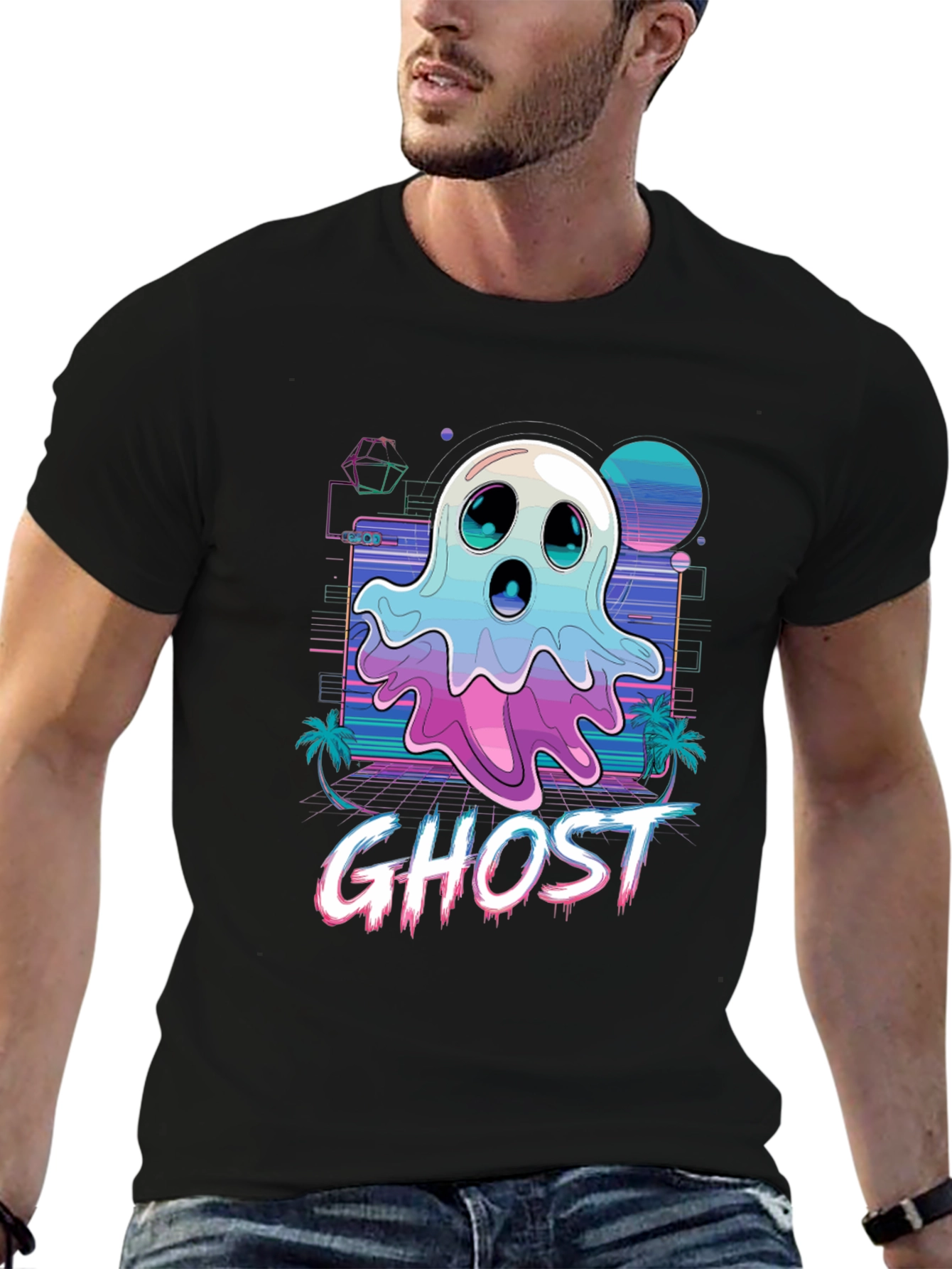 Retro Ghost Graphic Tee - Vaporwave Style T-Shirt