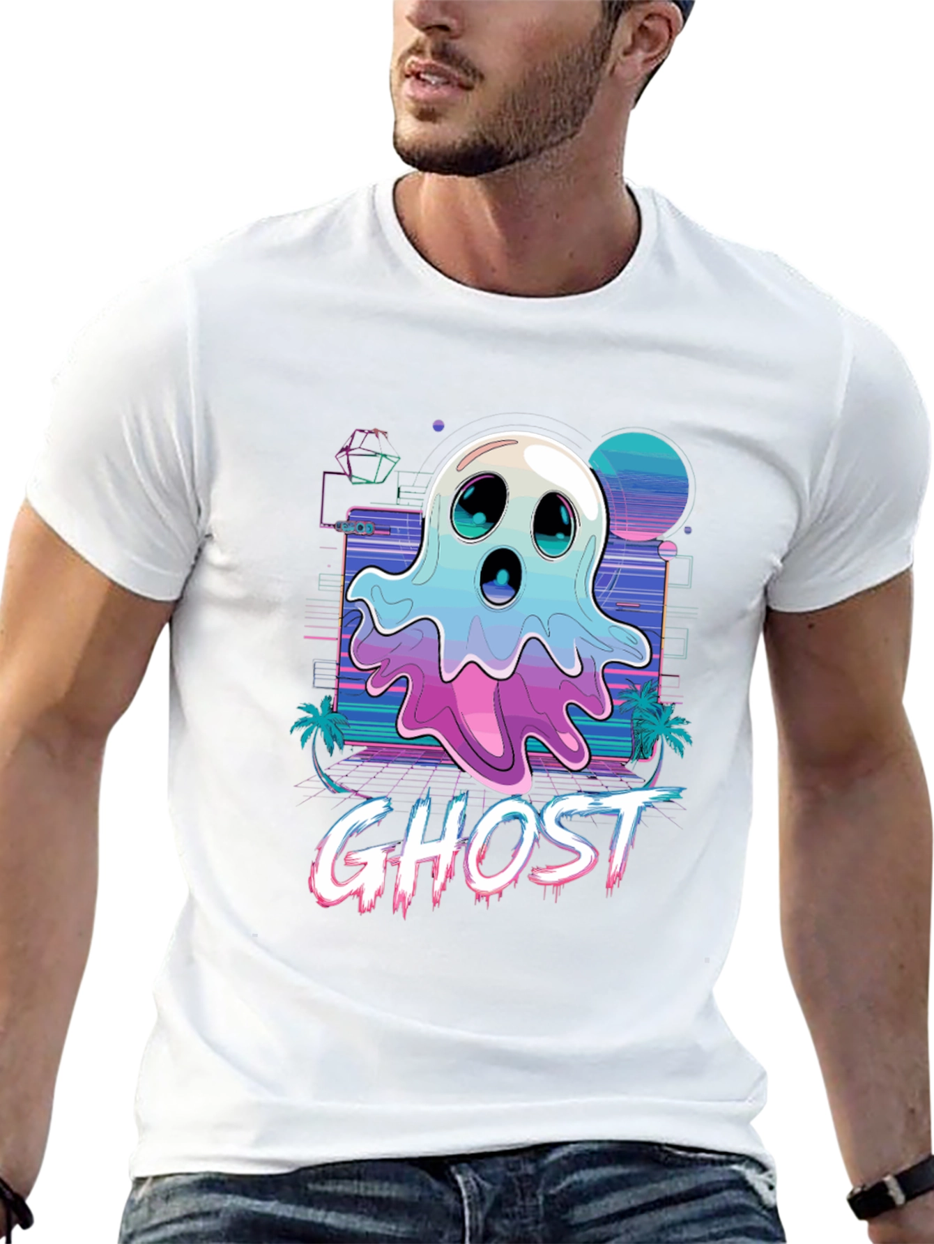 Retro Ghost Graphic Tee - Vaporwave Style T-Shirt
