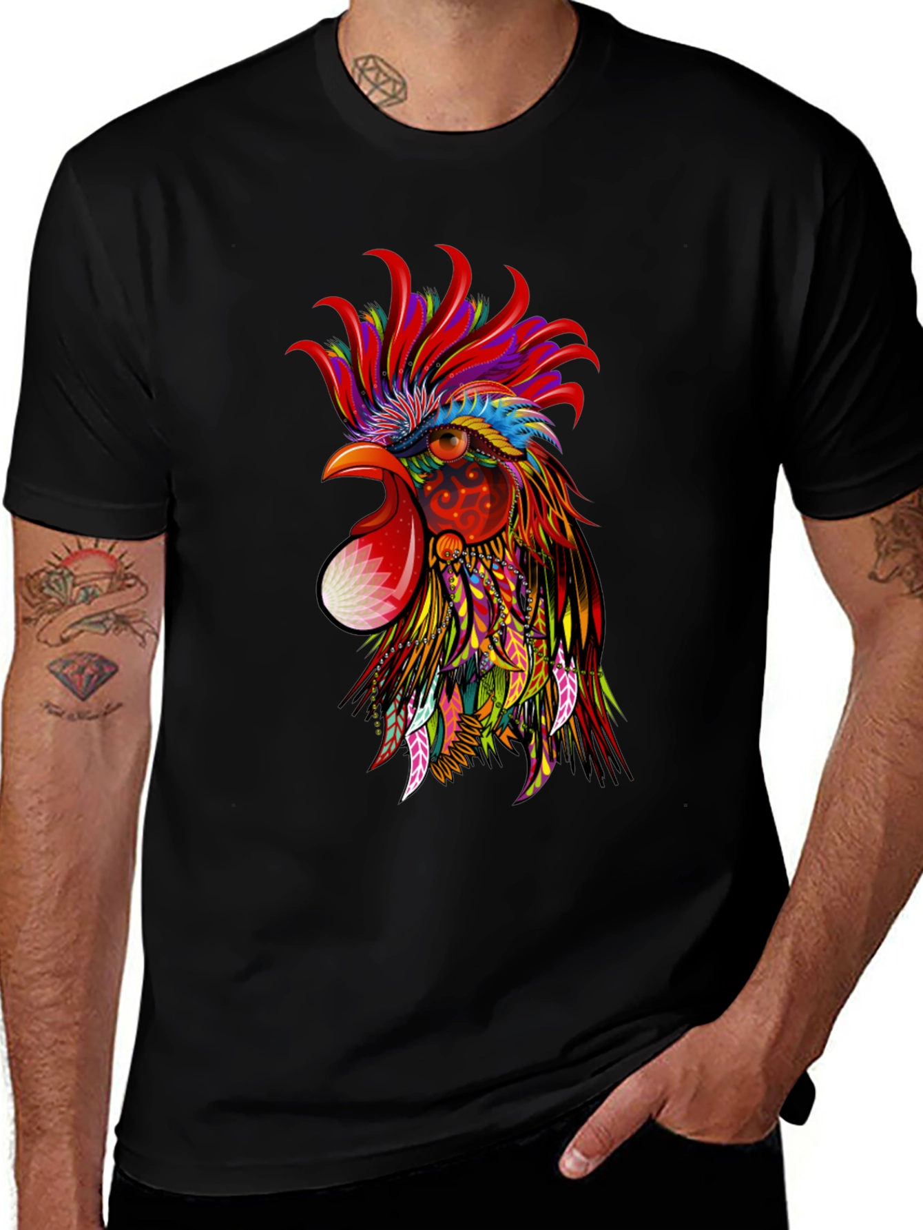 Vibrant Rooster Graphic Black T-Shirt