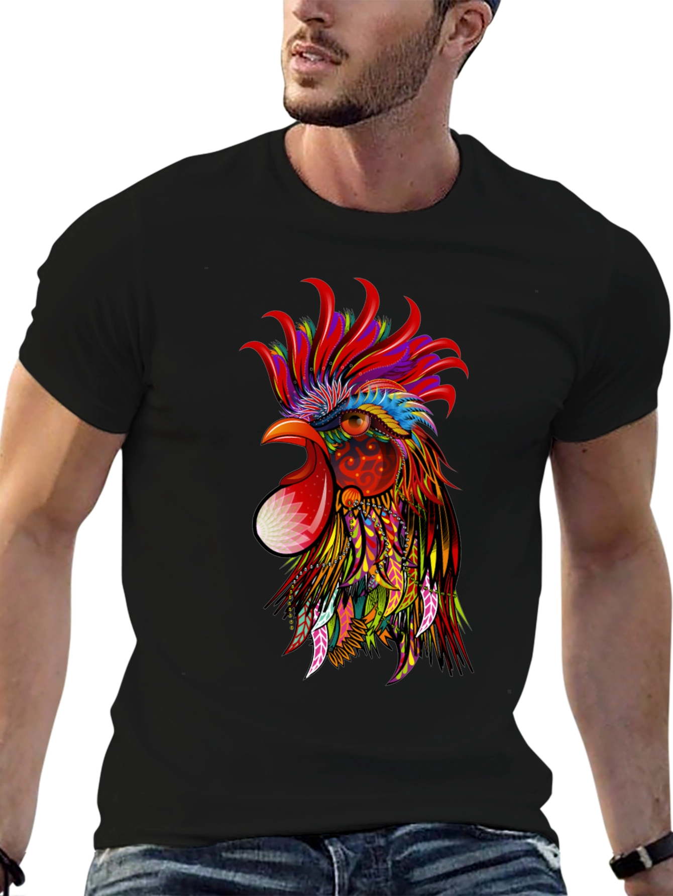 Vibrant Rooster Graphic Black T-Shirt