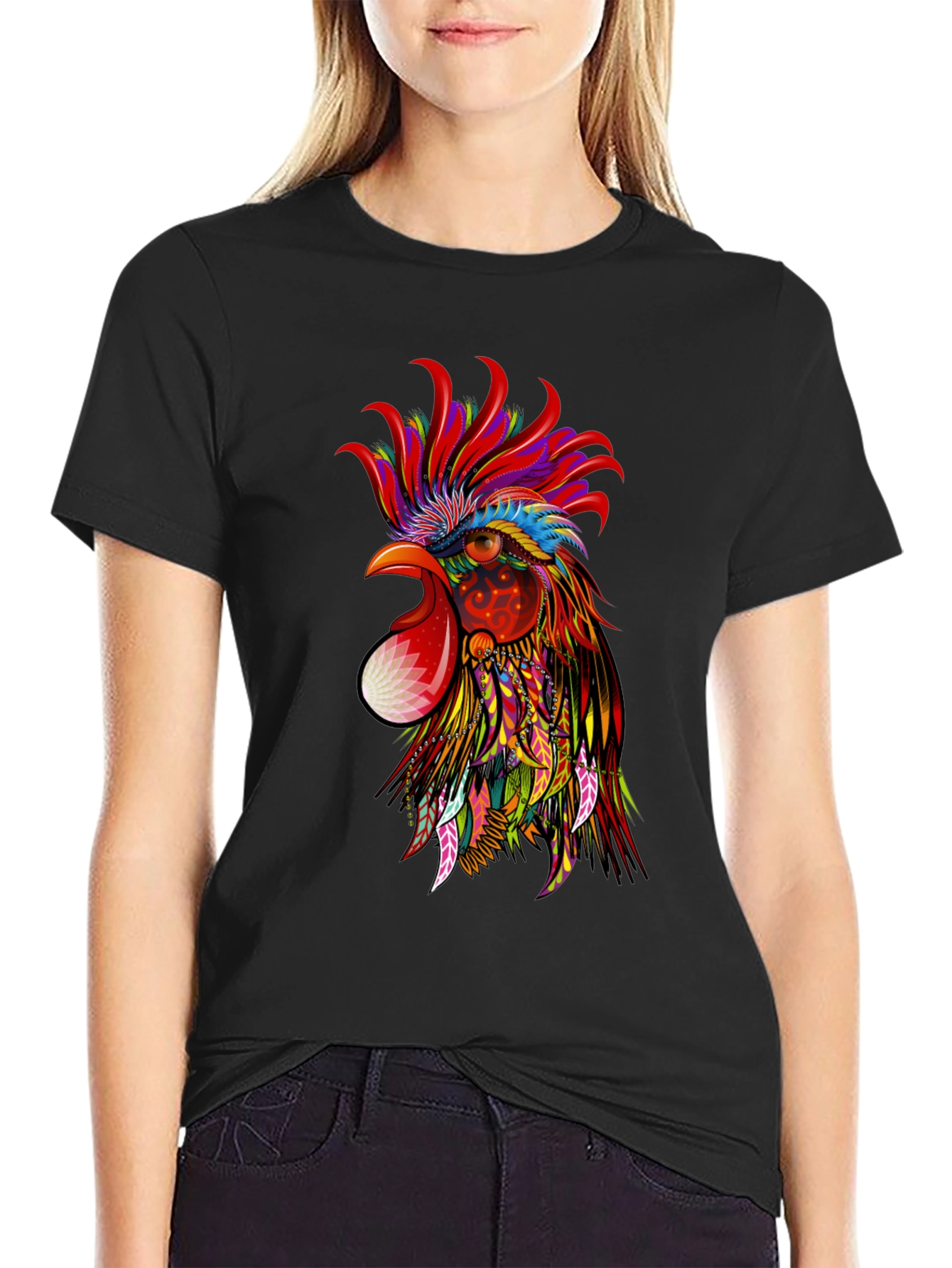 Vibrant Rooster Graphic Black T-Shirt