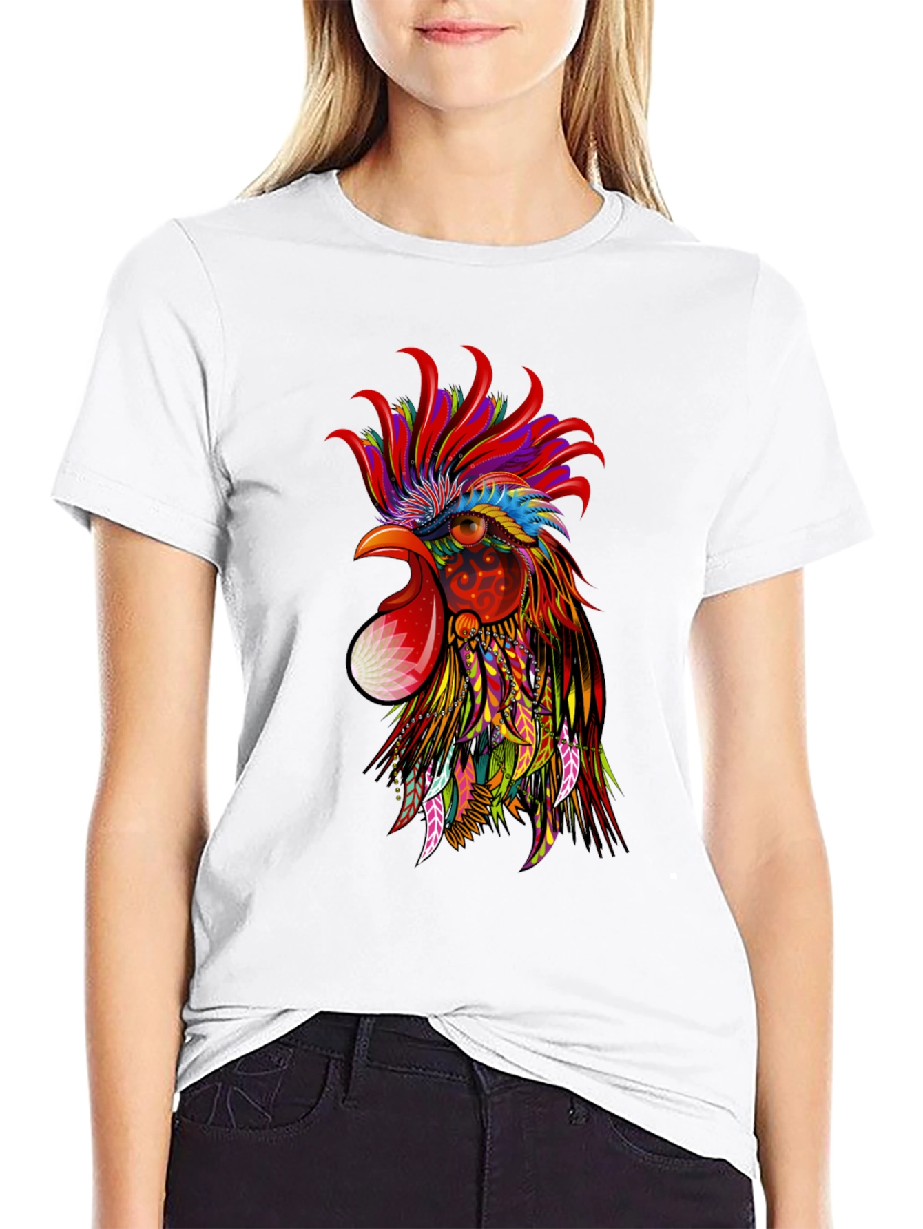 Vibrant Rooster Graphic Black T-Shirt