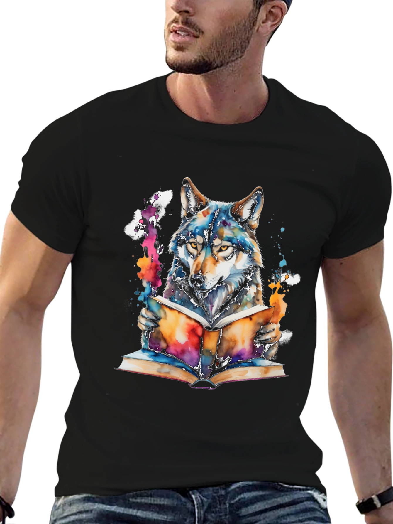 Wolf Reading Book Graphic Tee - Unisex Black T-Shirt