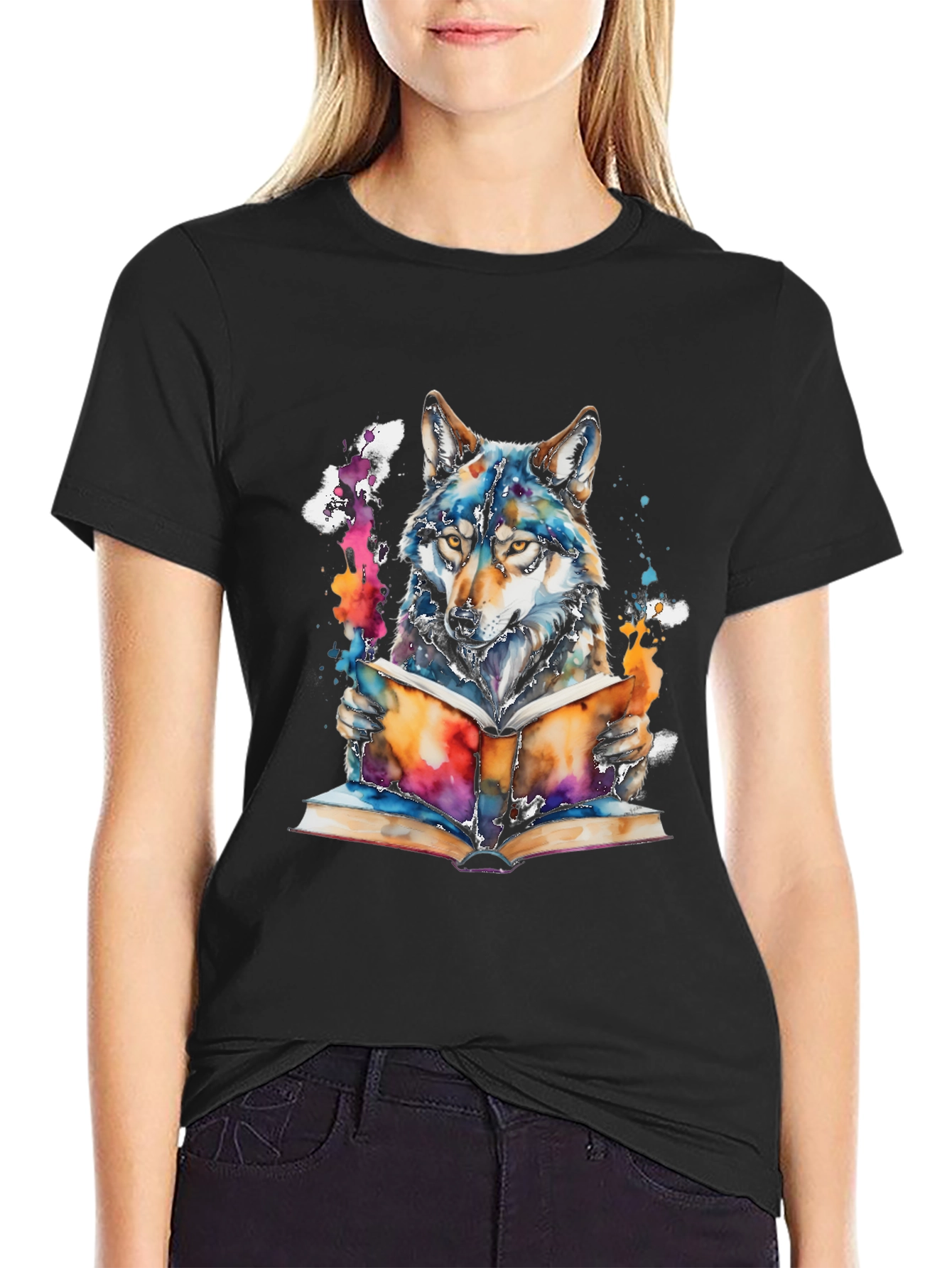 Wolf Reading Book Graphic Tee - Unisex Black T-Shirt