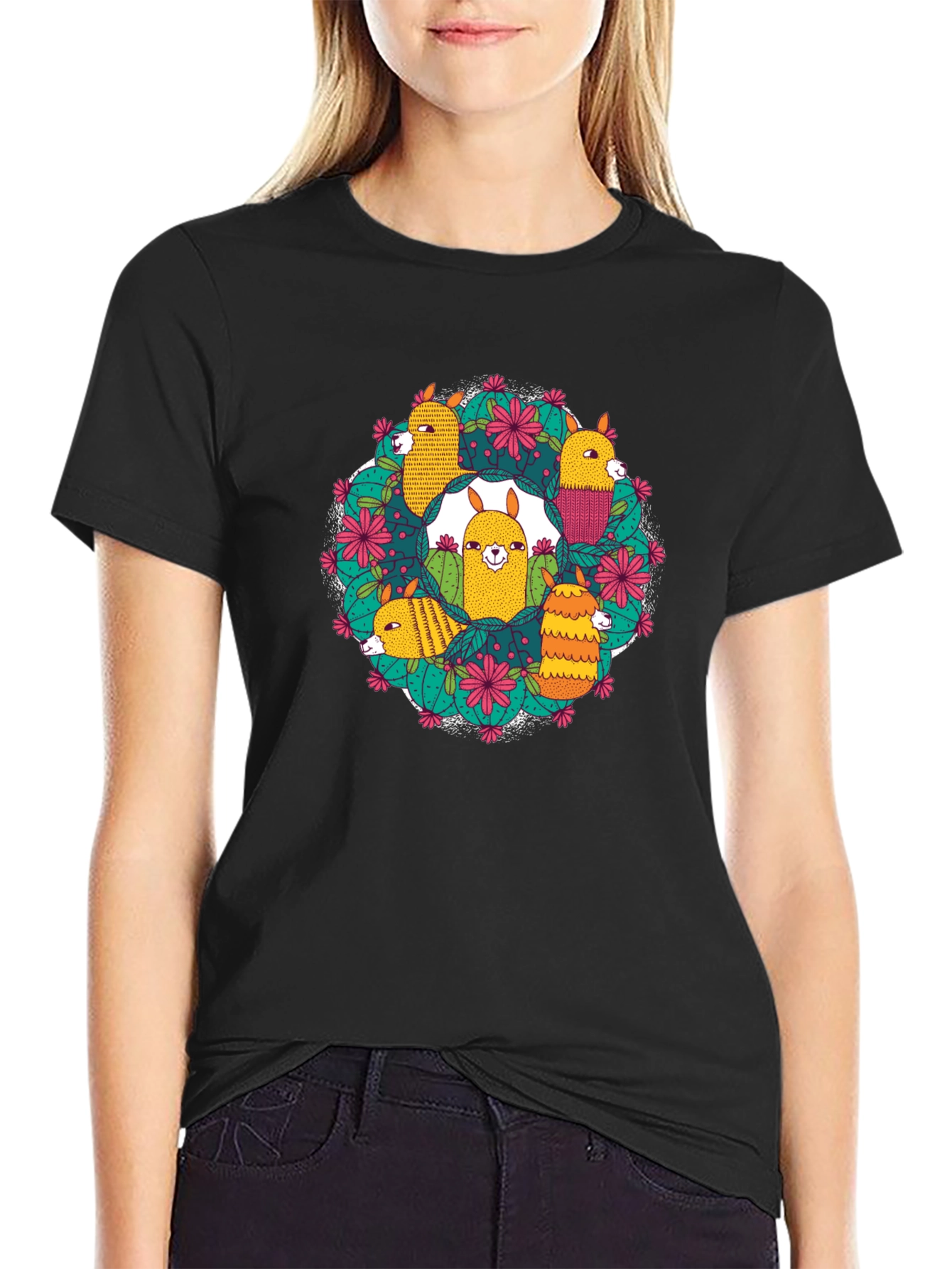 Llama Cactus Wreath Graphic Tee