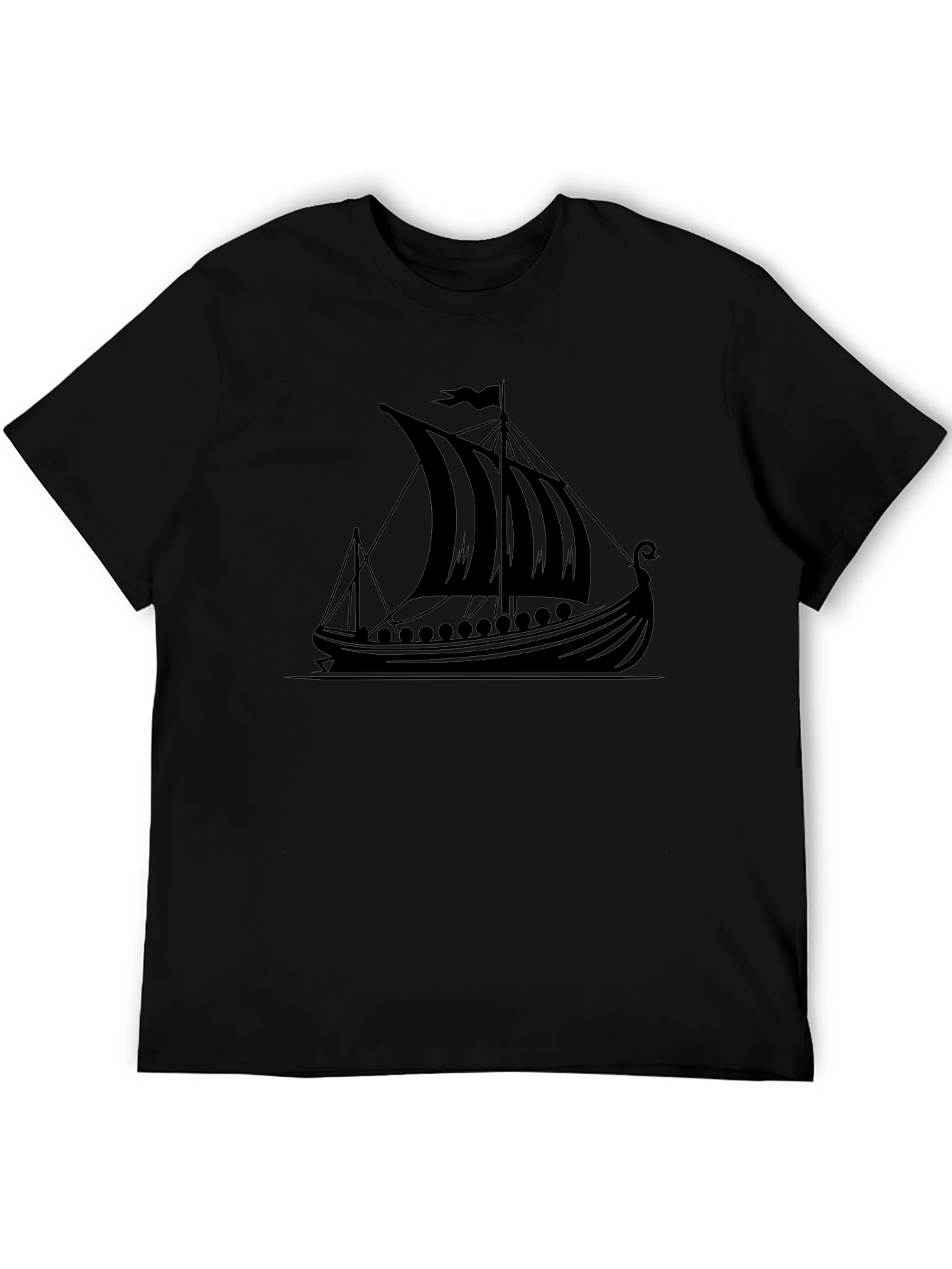 Viking Ship Graphic Tee - Black Cotton T-Shirt