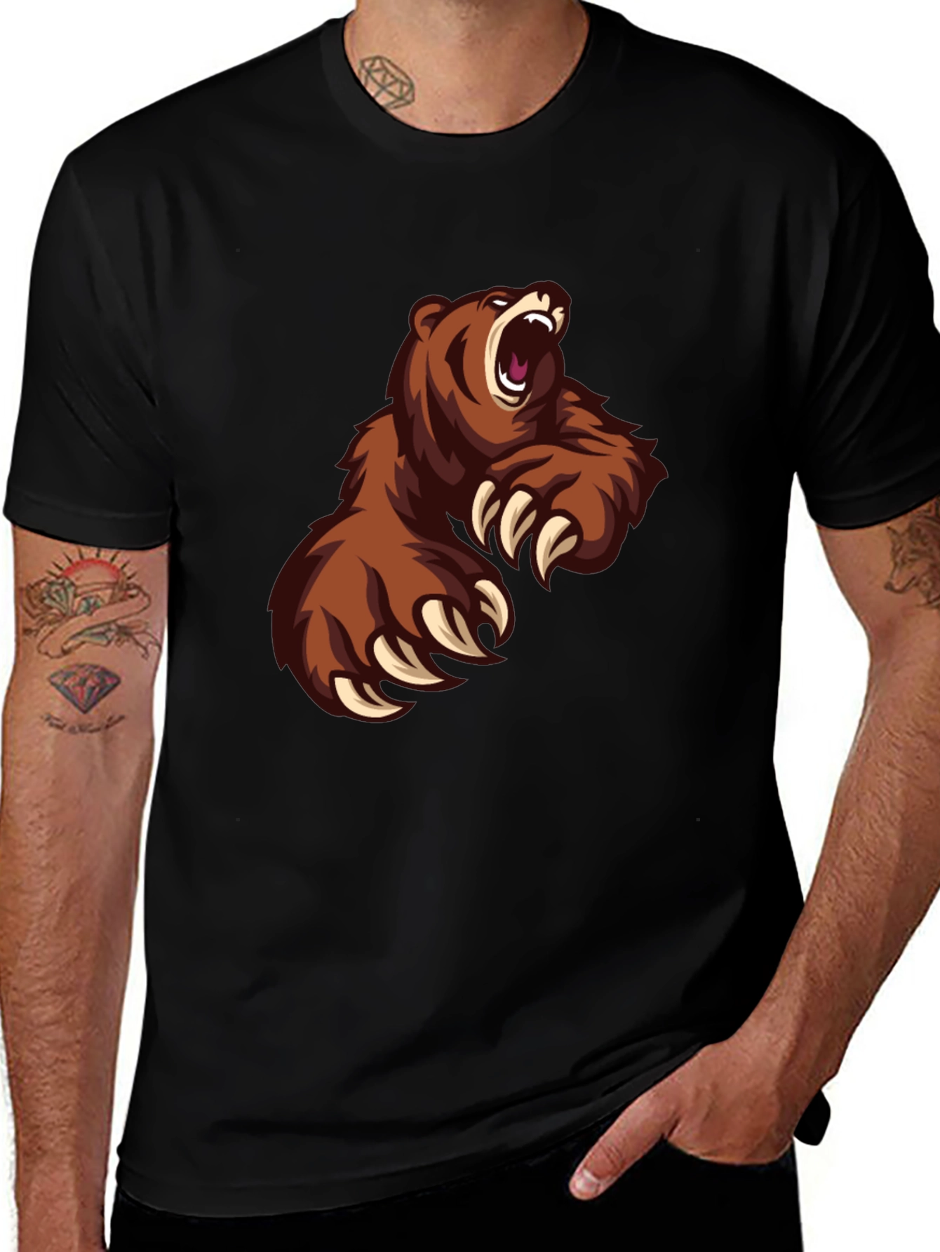 Mens Black T-Shirt with Roaring Bear Graphic
