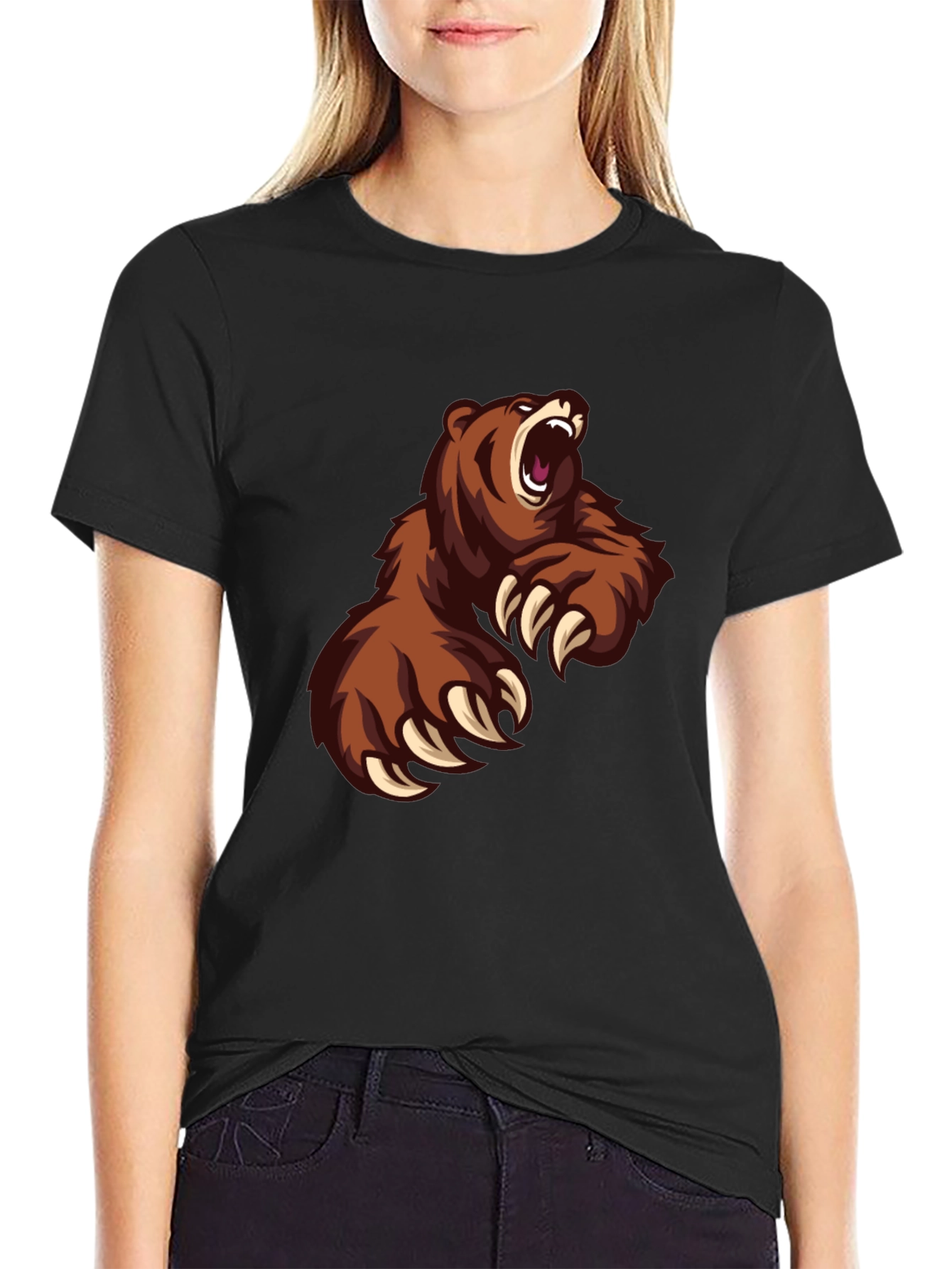 Mens Black T-Shirt with Roaring Bear Graphic