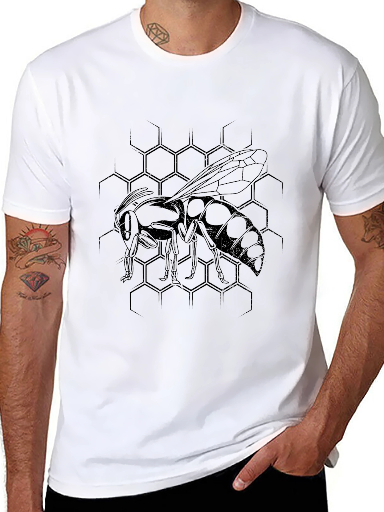 Mens Black Graphic Tee - Honeycomb Wasp Design