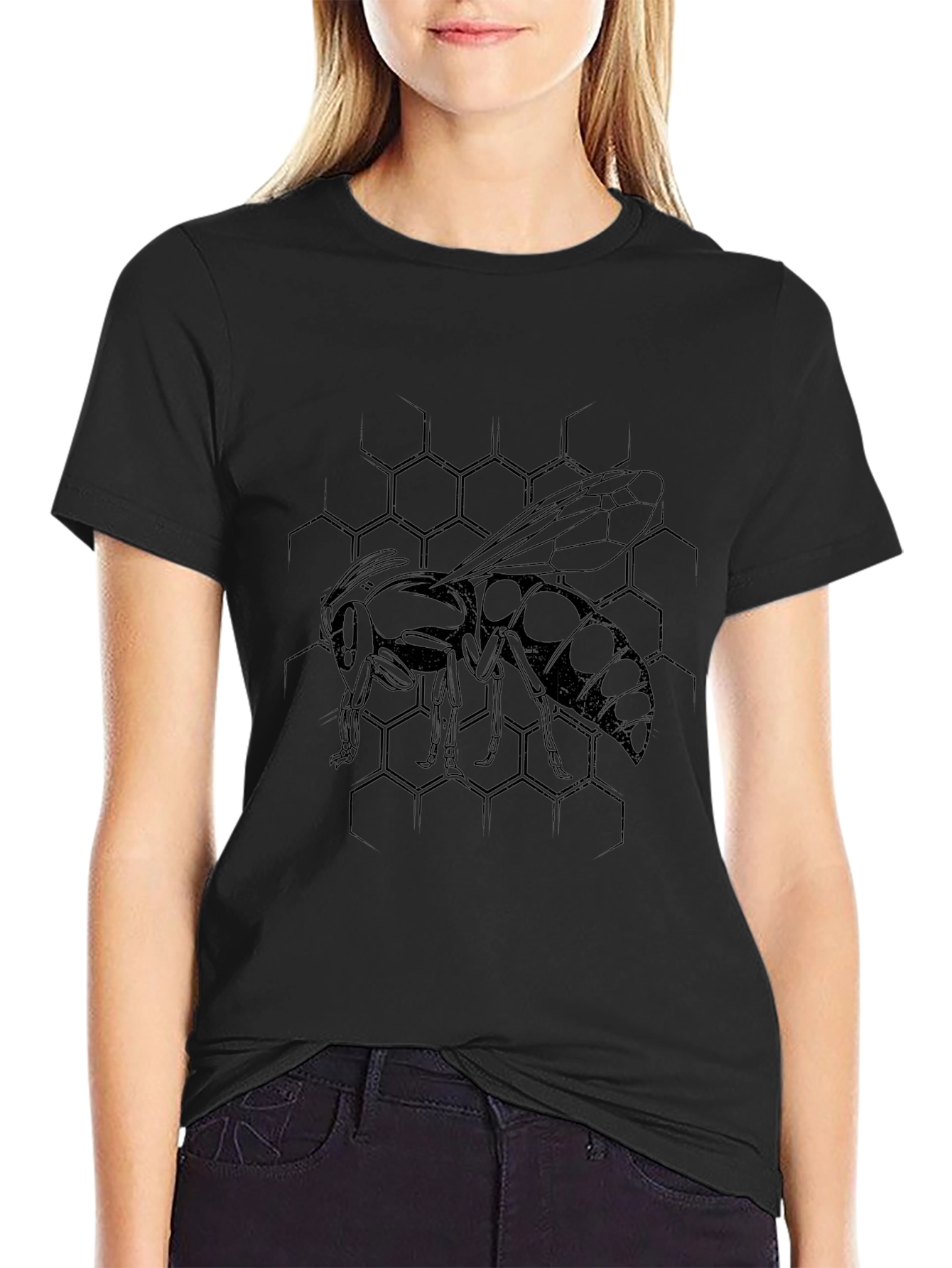 Mens Black Graphic Tee - Honeycomb Wasp Design