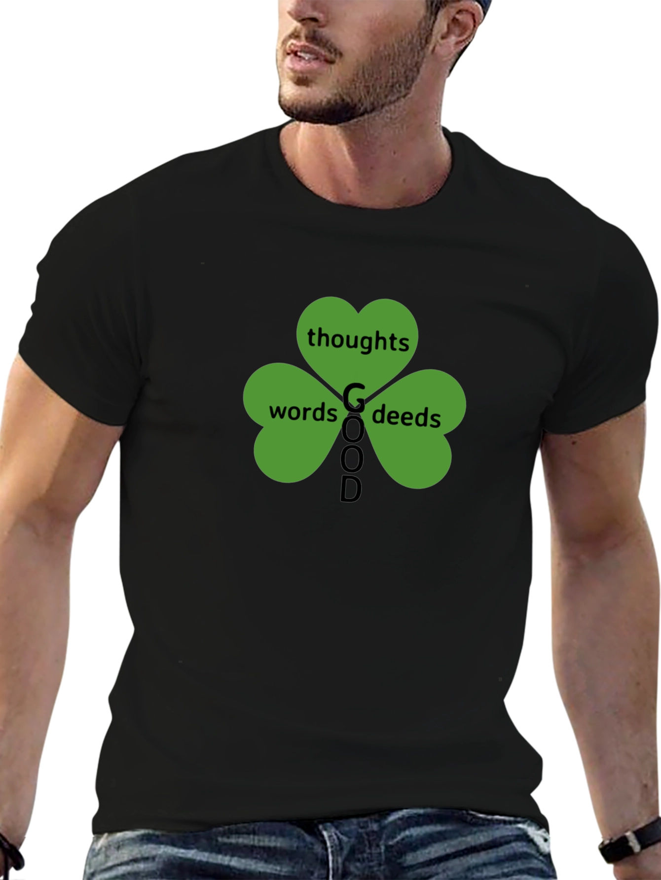 Good Thoughts Words Deeds Clover Black T-Shirt